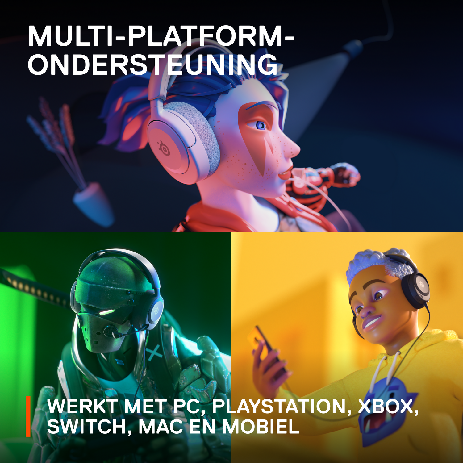 Een multi-platform gamingheadset. Drie geïllustreerde mensen dragen de headset.