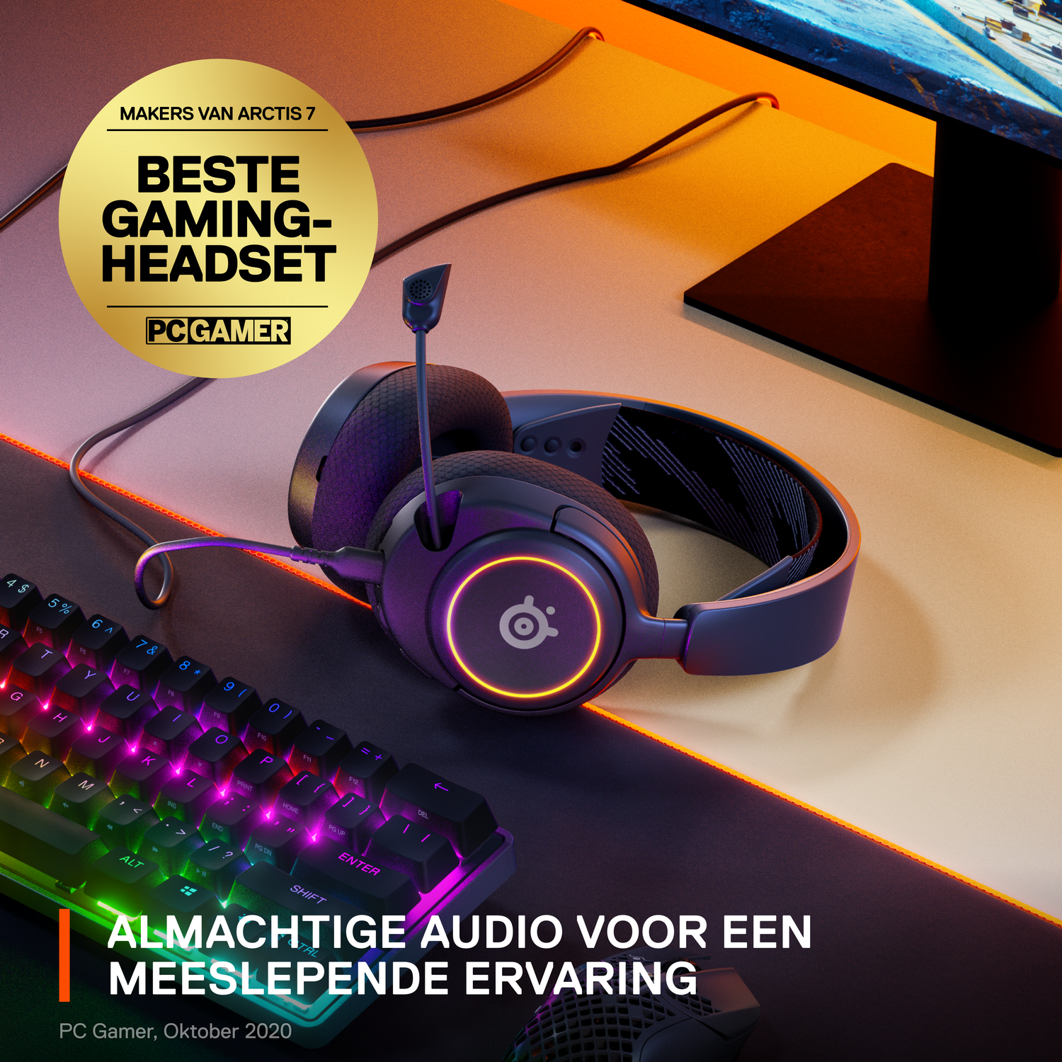 Gaming headset on a desk with a keyboard and monitor. Award badge on the top left.