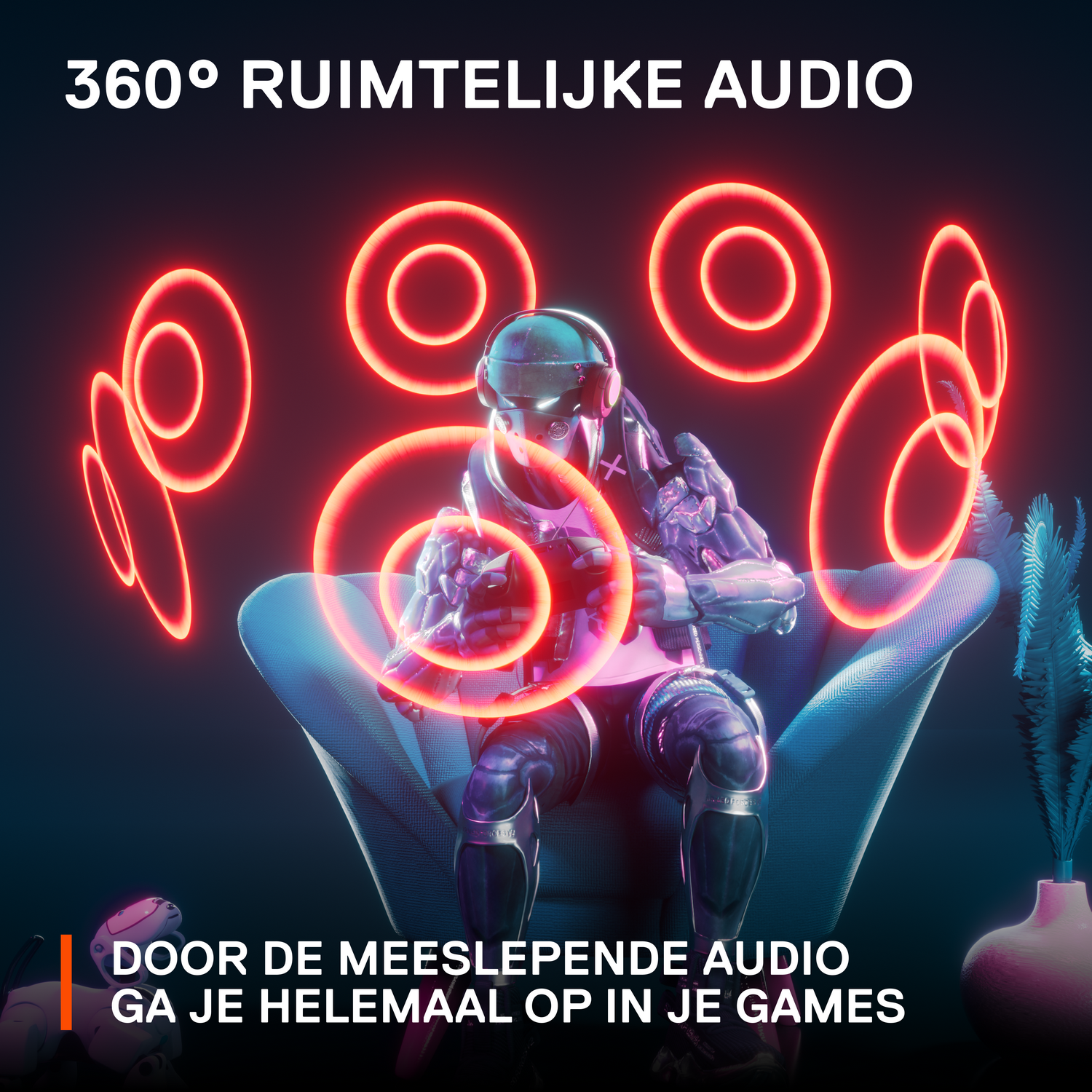 Illustration of a person in a gaming environment with 360° audio rings.