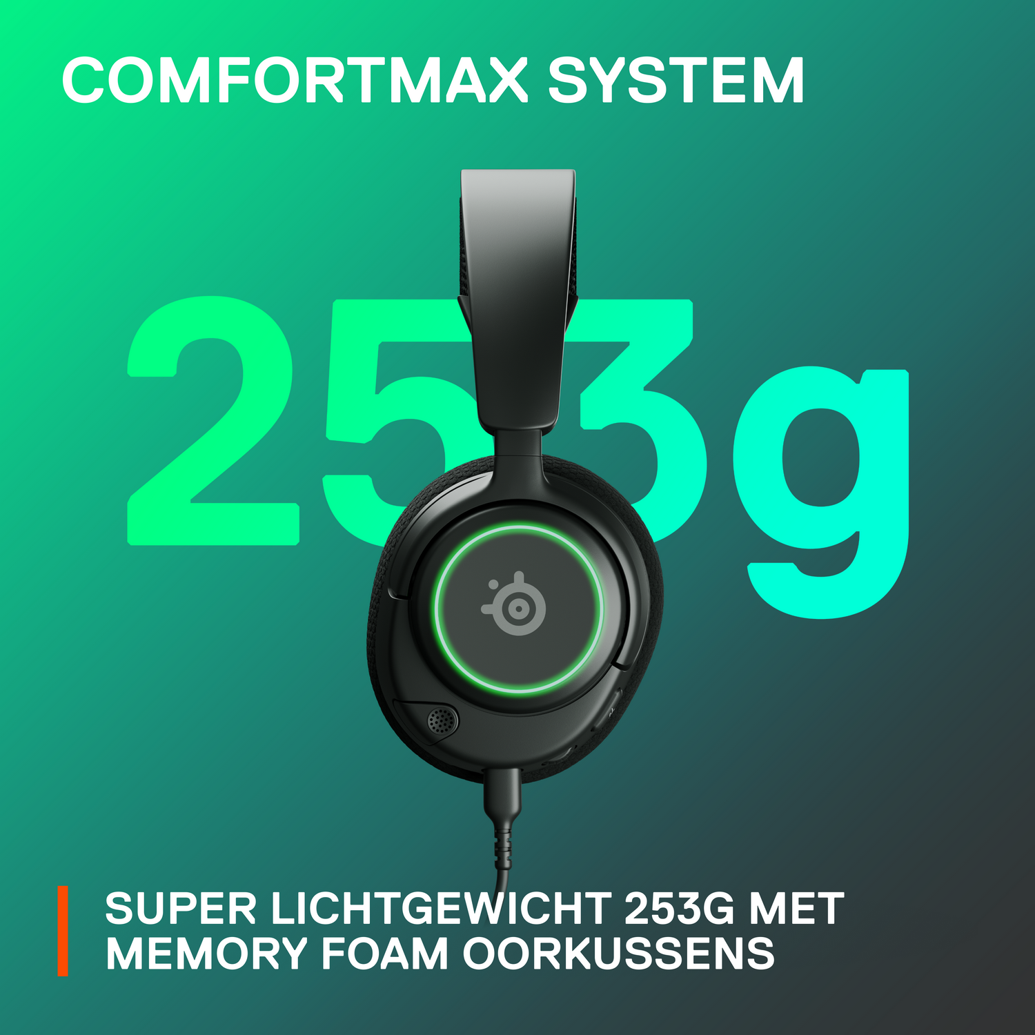 Black headset with a green light, and the text: 253g.