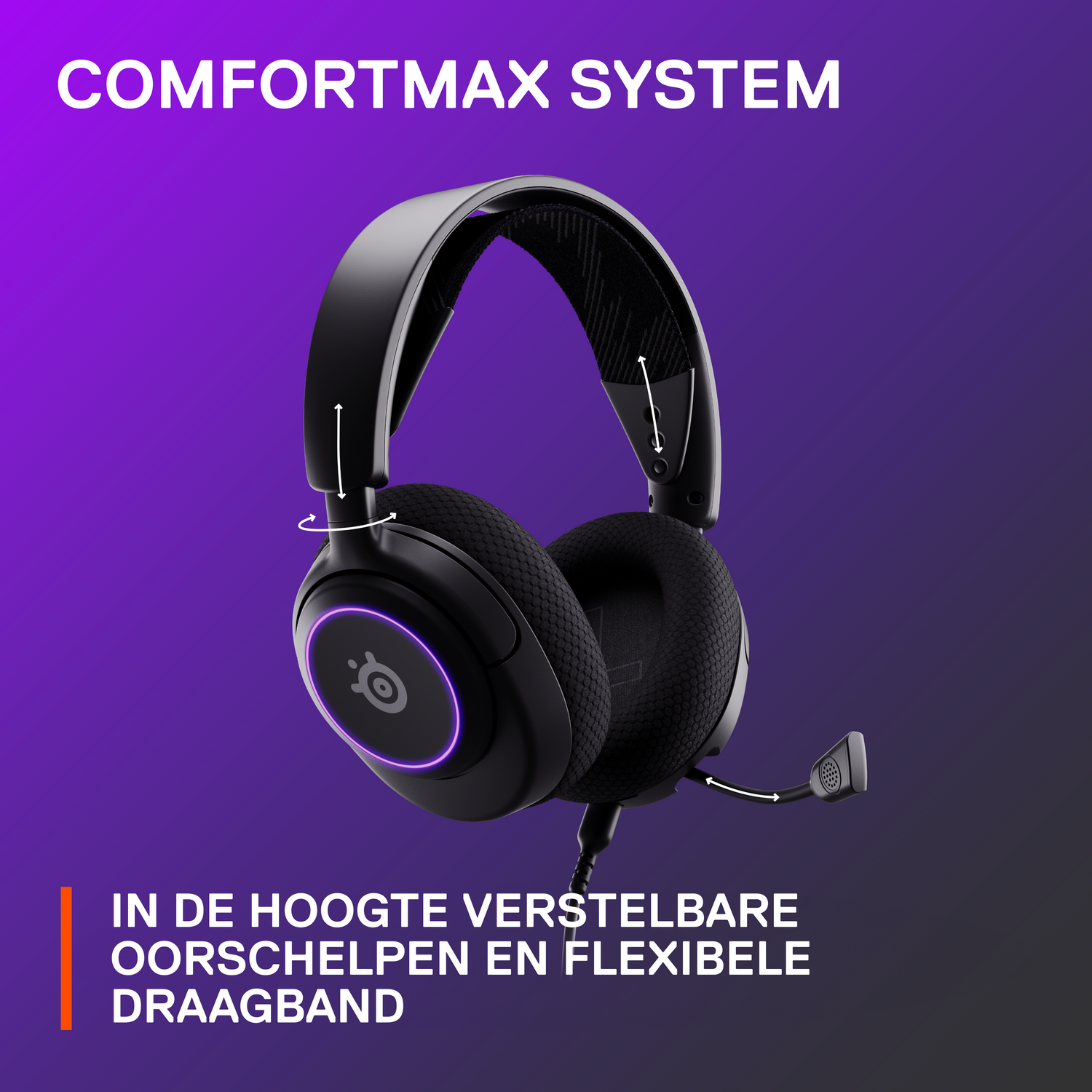 Black gaming headset with purple accents and text, on a purple background.