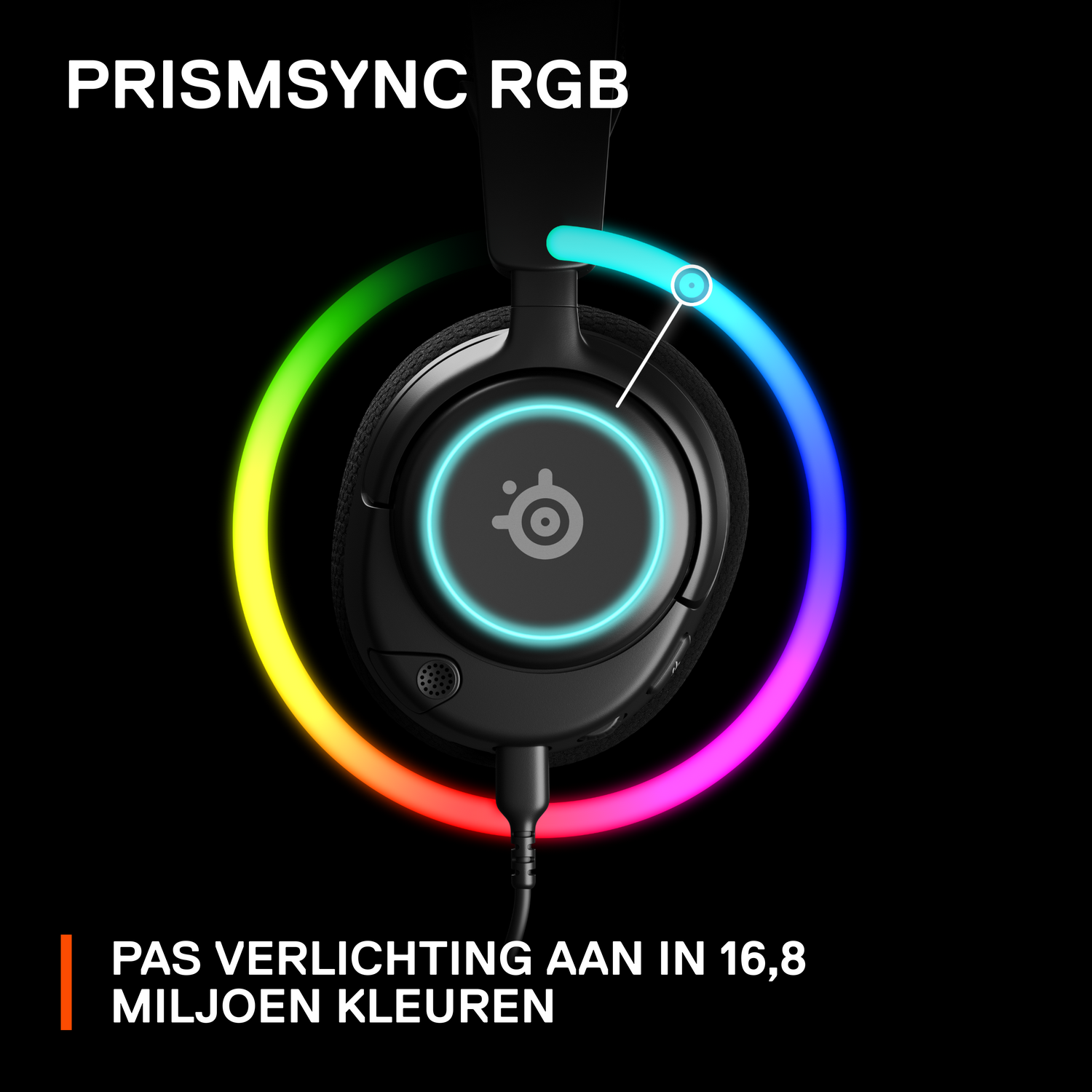 Black headset with a rainbow light ring, the words 'PRISMSYNC RGB' are visible.