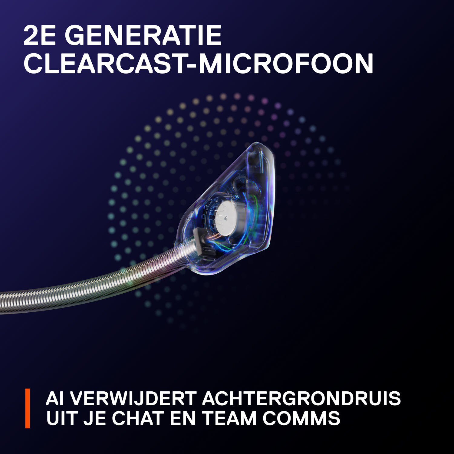 Microphone detail with text callouts. Dark blue background with a light circle.
