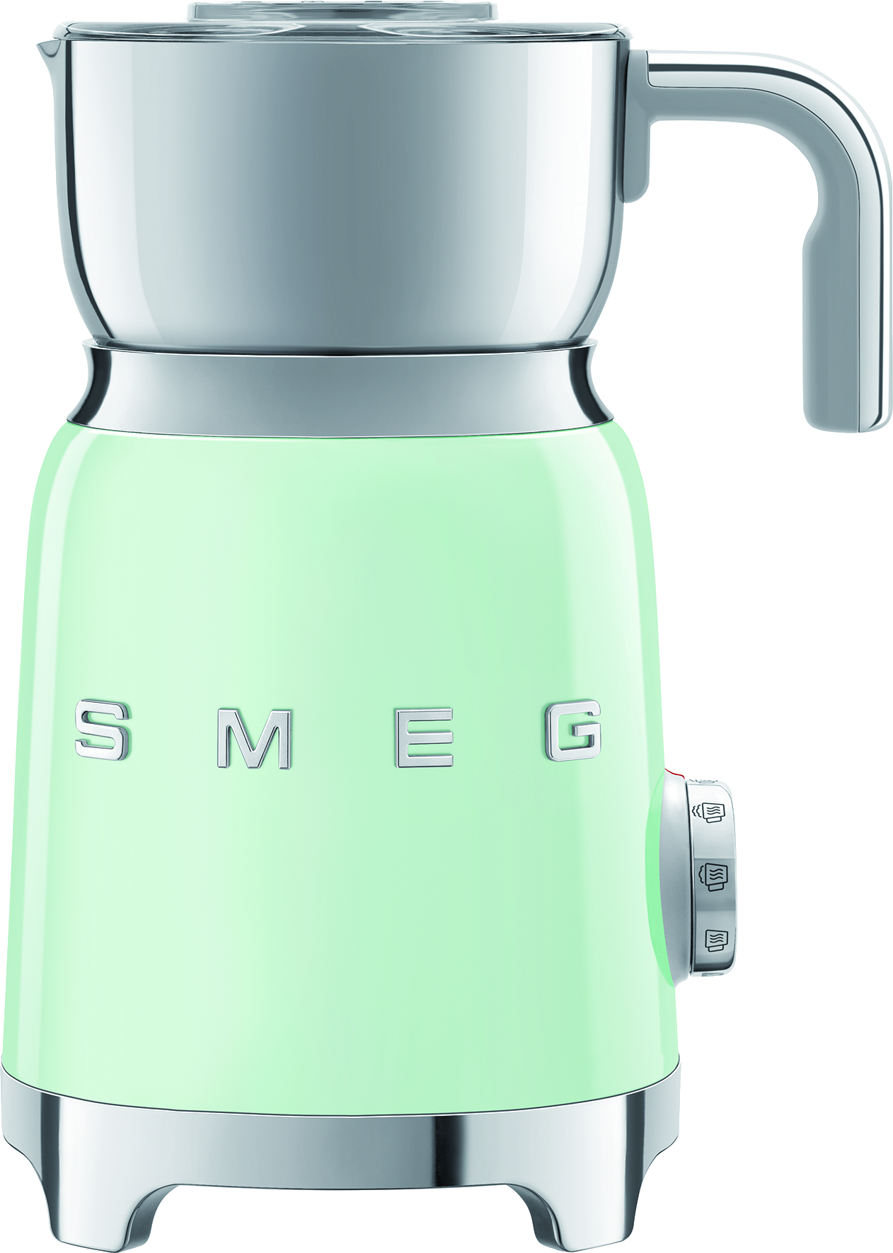 Ein mintgrüner Smeg-Milchaufschäumer. Er hat eine silberne Oberseite und einen Griff. Das Wort 'Smeg' ist vorne zu sehen.