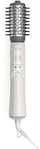 A white and silver hair styling brush with a round brush head and a long handle with buttons.