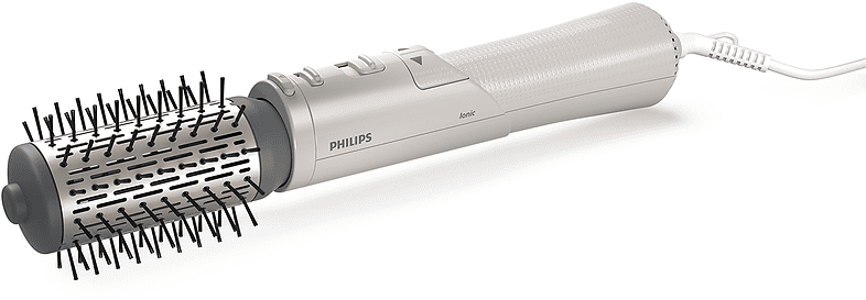 Silver and white Philips hair styler with brush attachment, on a white surface, angled view.