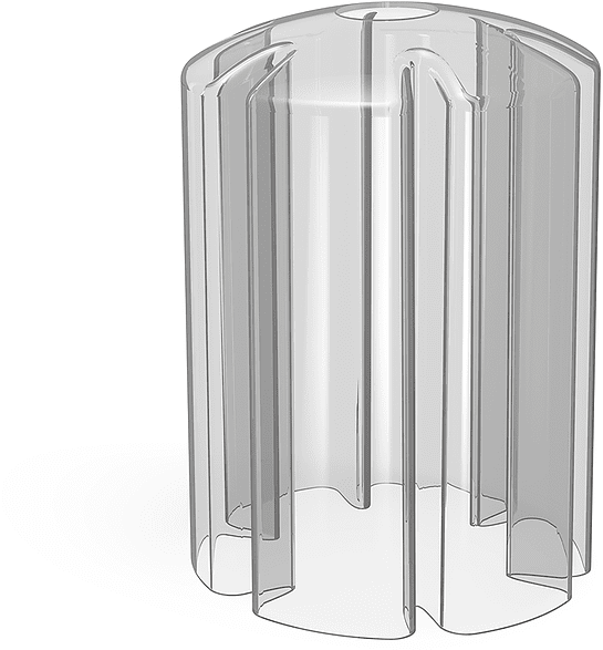 Clear plastic, cylindrical object with vertical lines. It has a ridged top and is isolated on white.