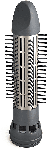 Hair styler attachment: cylindrical, gray, with black bristles. Top rounded. Bottom with a base.