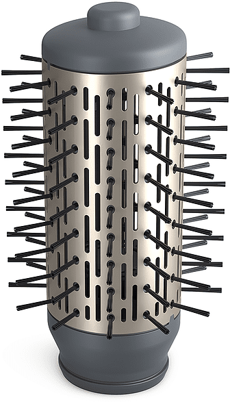 A silver and gray hair styling brush with black bristles on a white background.