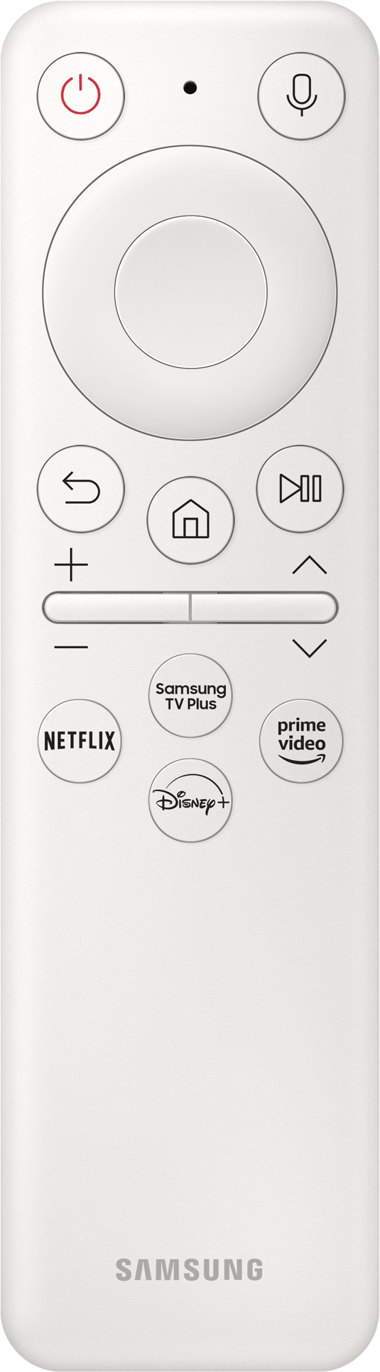 Un telecomando Samsung bianco con diversi pulsanti, tra cui Netflix e Disney+.