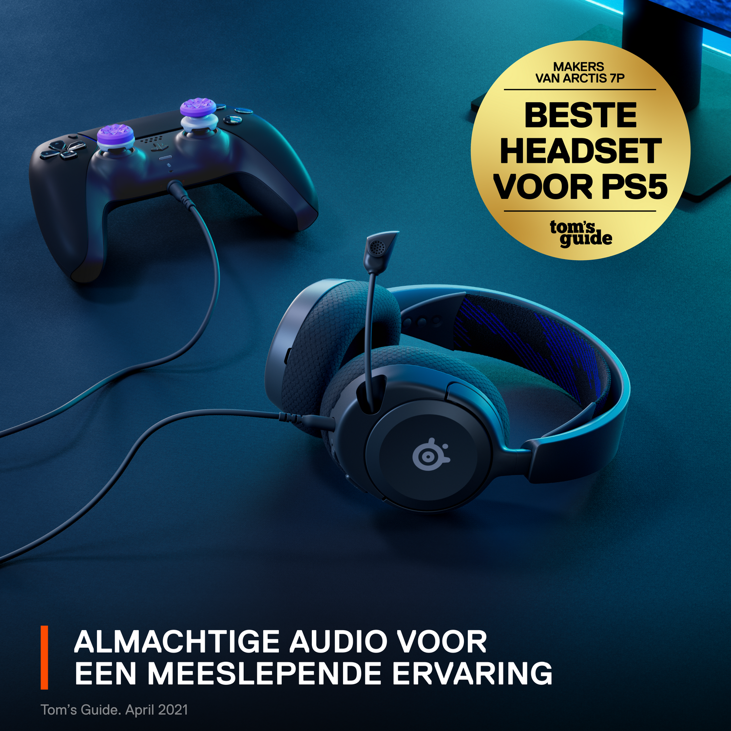 Gaming headset en controller op een donker oppervlak.