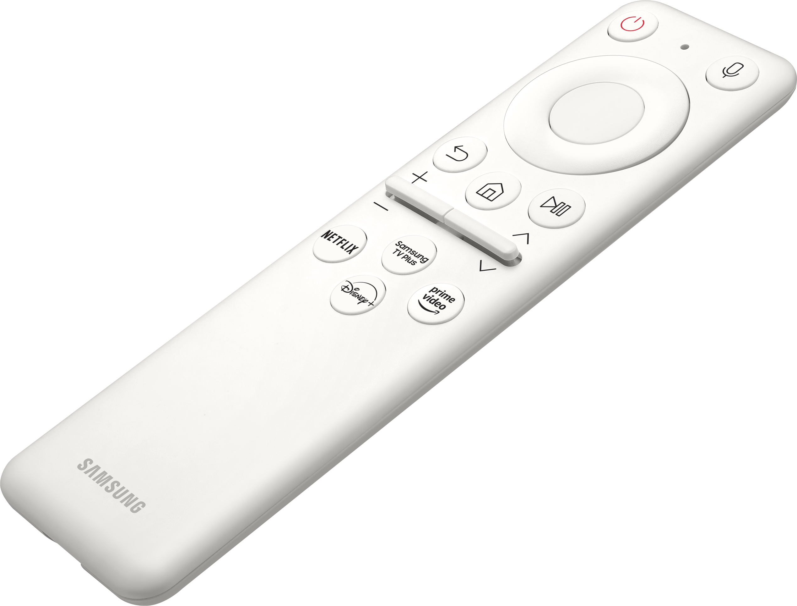 Telecomando bianco con pulsanti e logo Samsung.