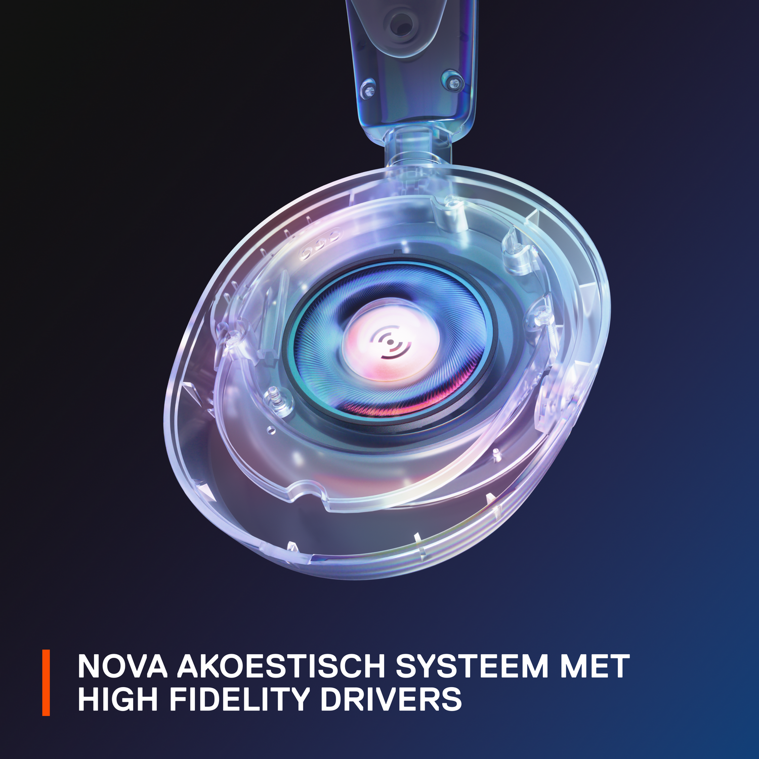Hoofdtelefoon, met een interne luidspreker en de tekst 'NOVA AKOESTISCH SYSTEEM MET HIGH FIDELITY DRIVERS'.