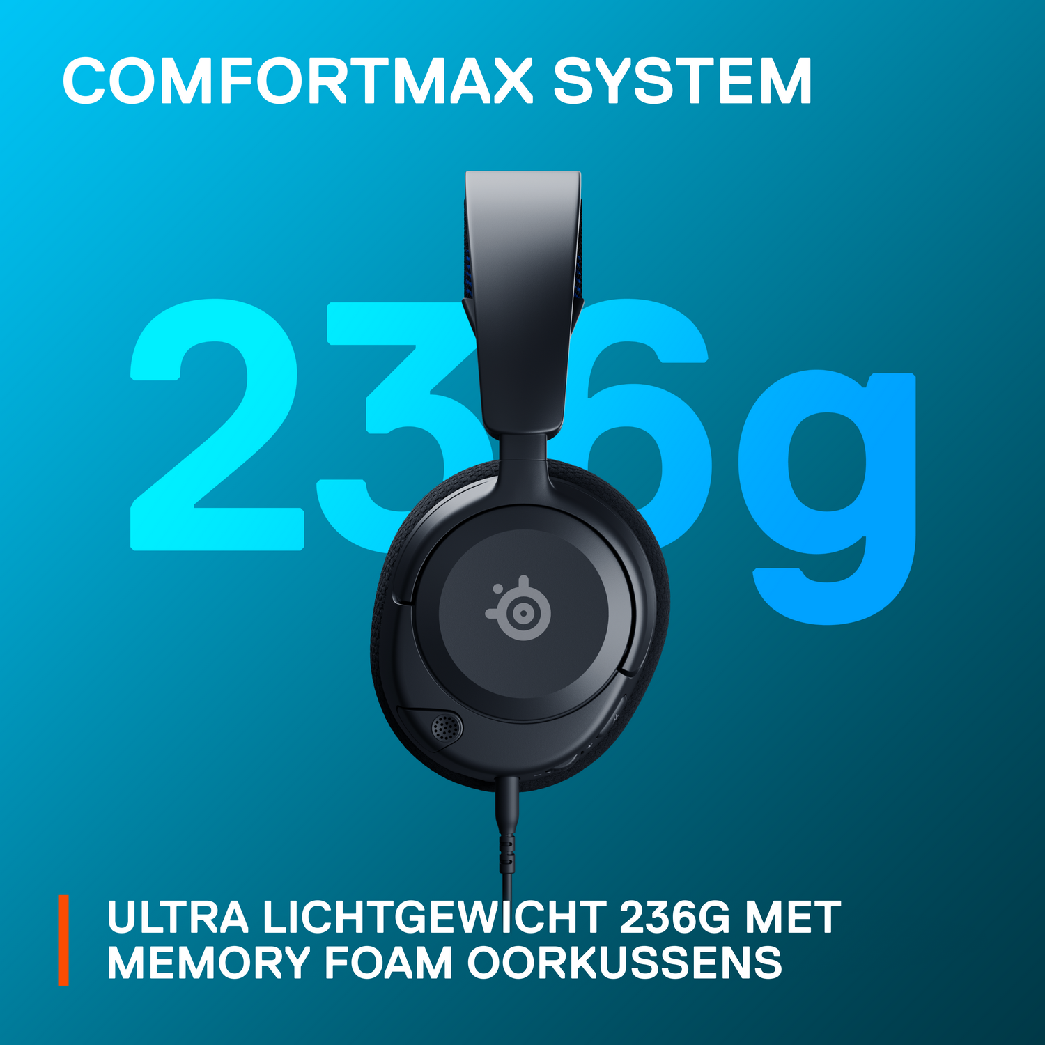 Zwarte headset met een comfortmax systeem. Groot getal 236g.