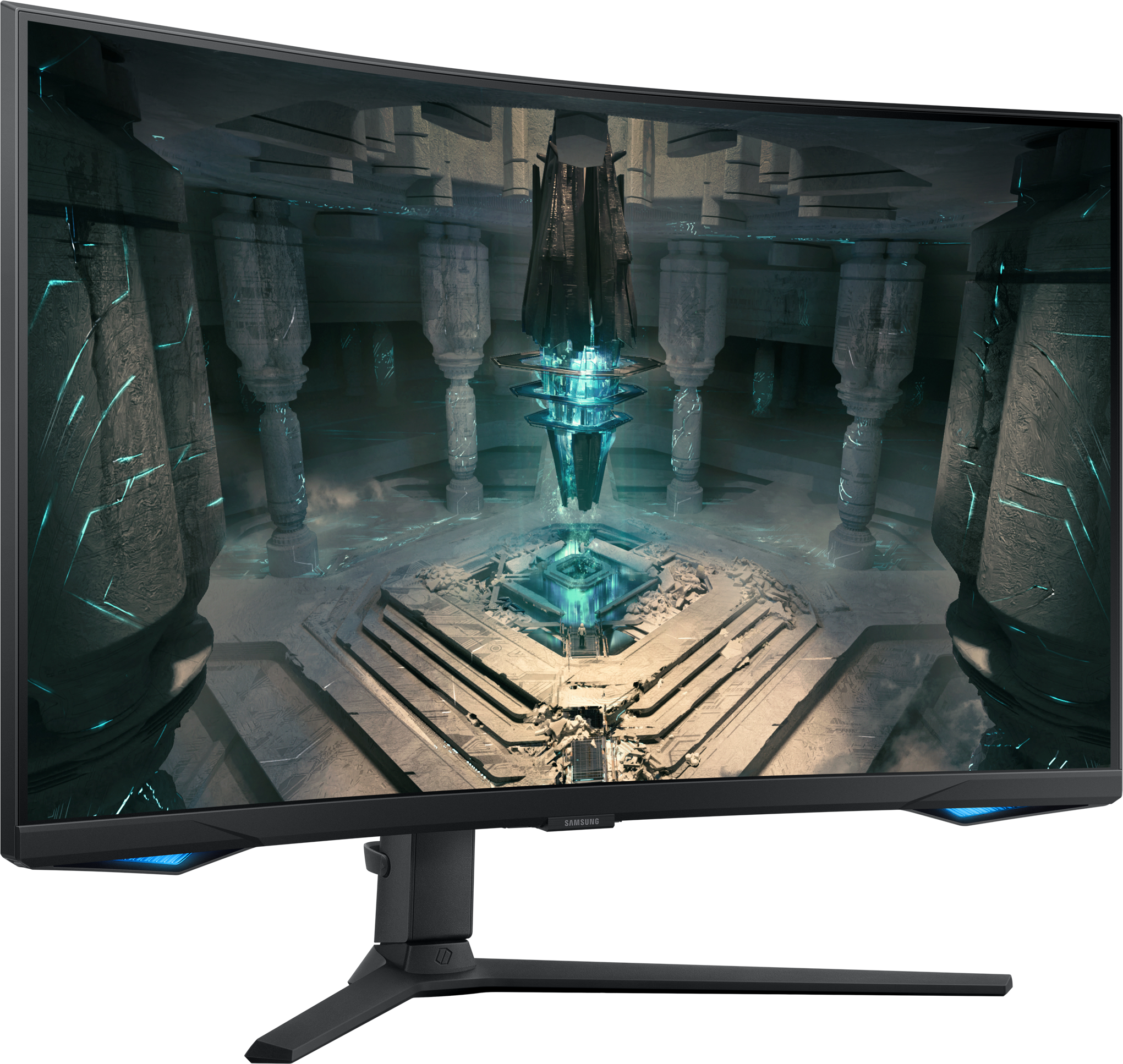 Un monitor curvo che mostra una scena futuristica con una struttura centrale e luci blu.