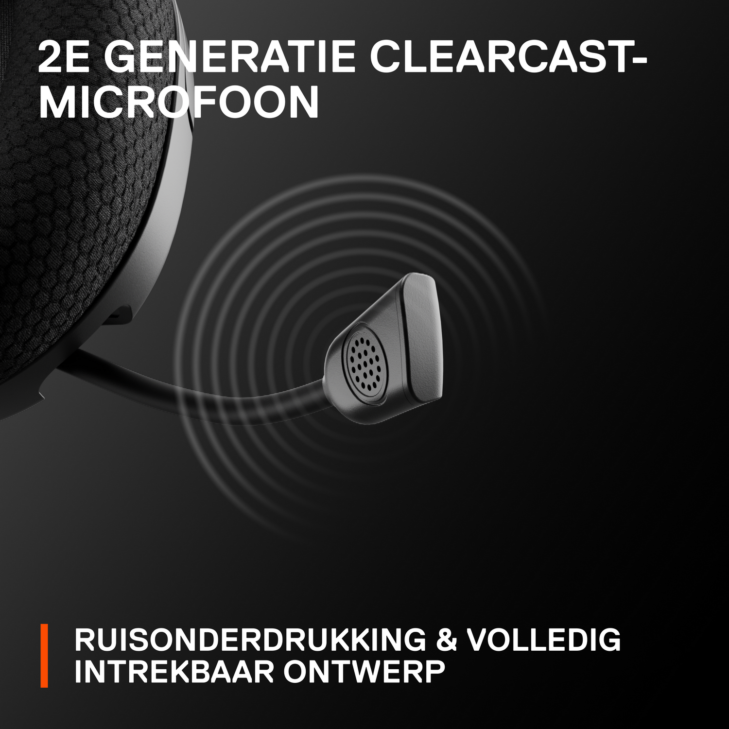 Close-up van een zwarte microfoon met flexibele arm, op een donkergrijze achtergrond.