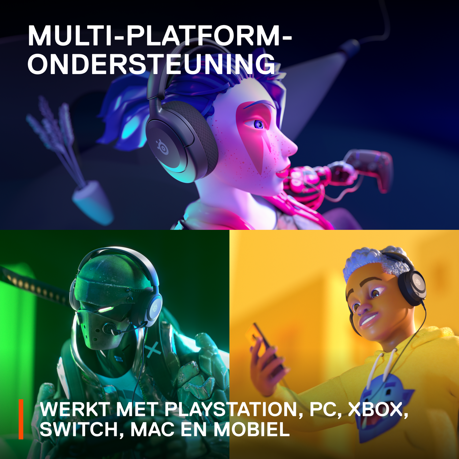 Afbeelding met mensen die een koptelefoon dragen in een game, spelend op verschillende apparaten.