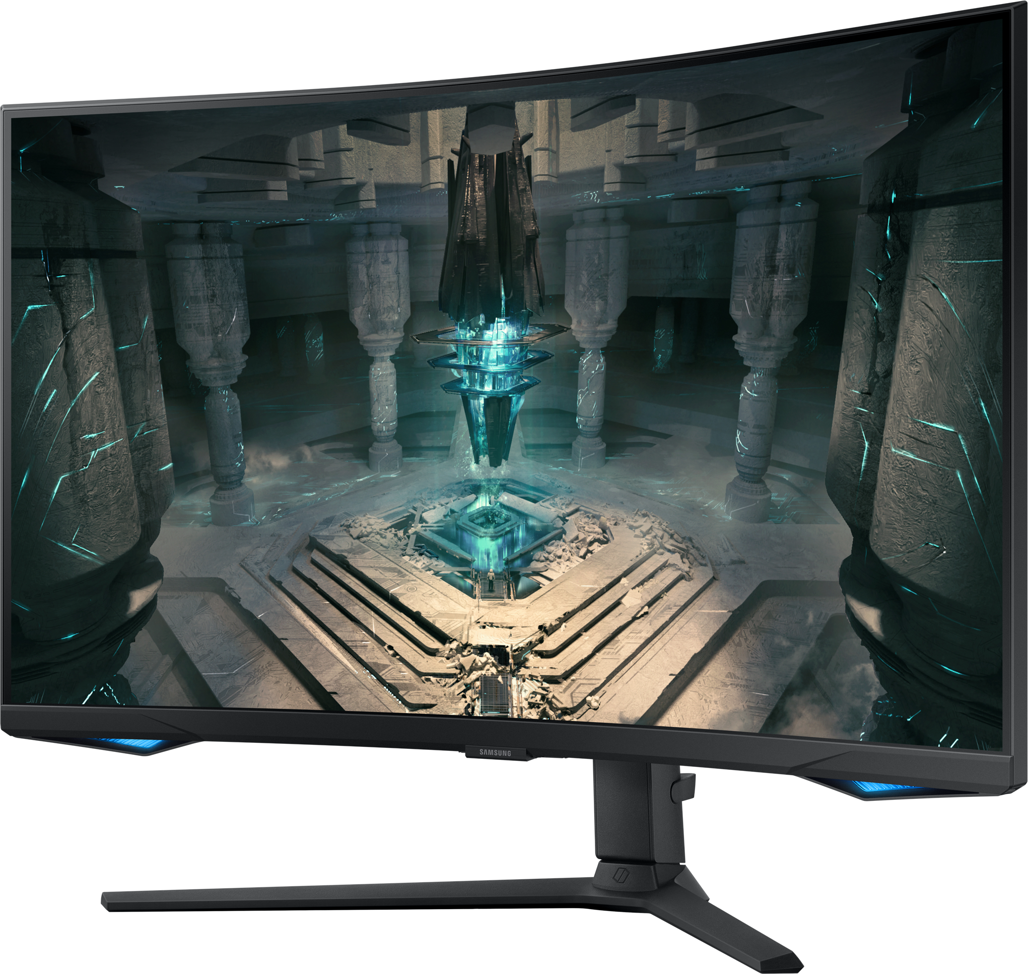Monitor curvo per gaming con scena futuristica, con supporto.