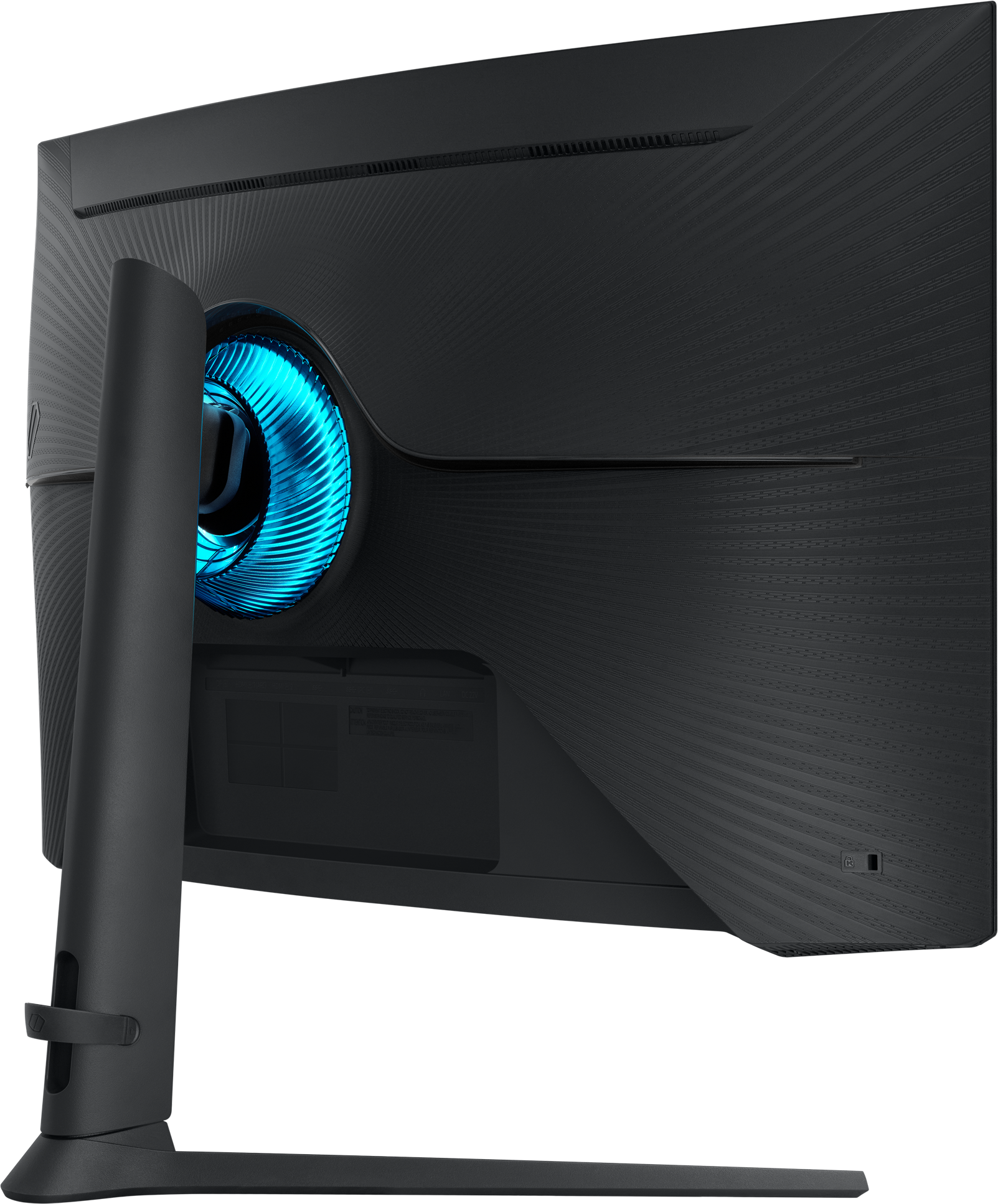 Monitor curvo nero con luce blu sul retro. Il monitor è su un supporto.