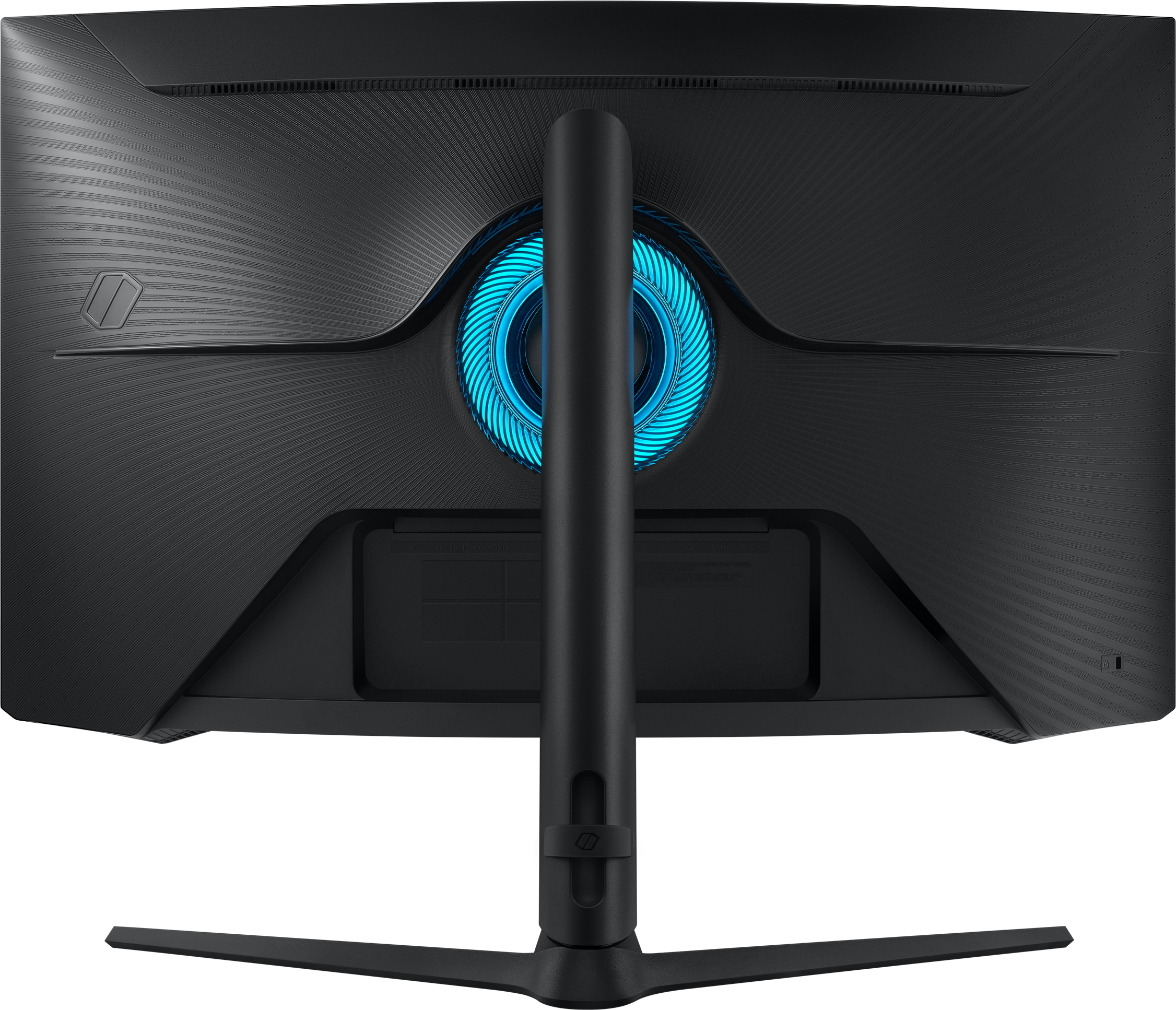 Retro del monitor nero con cerchio di luce blu e supporto. Superficie scura e strutturata.