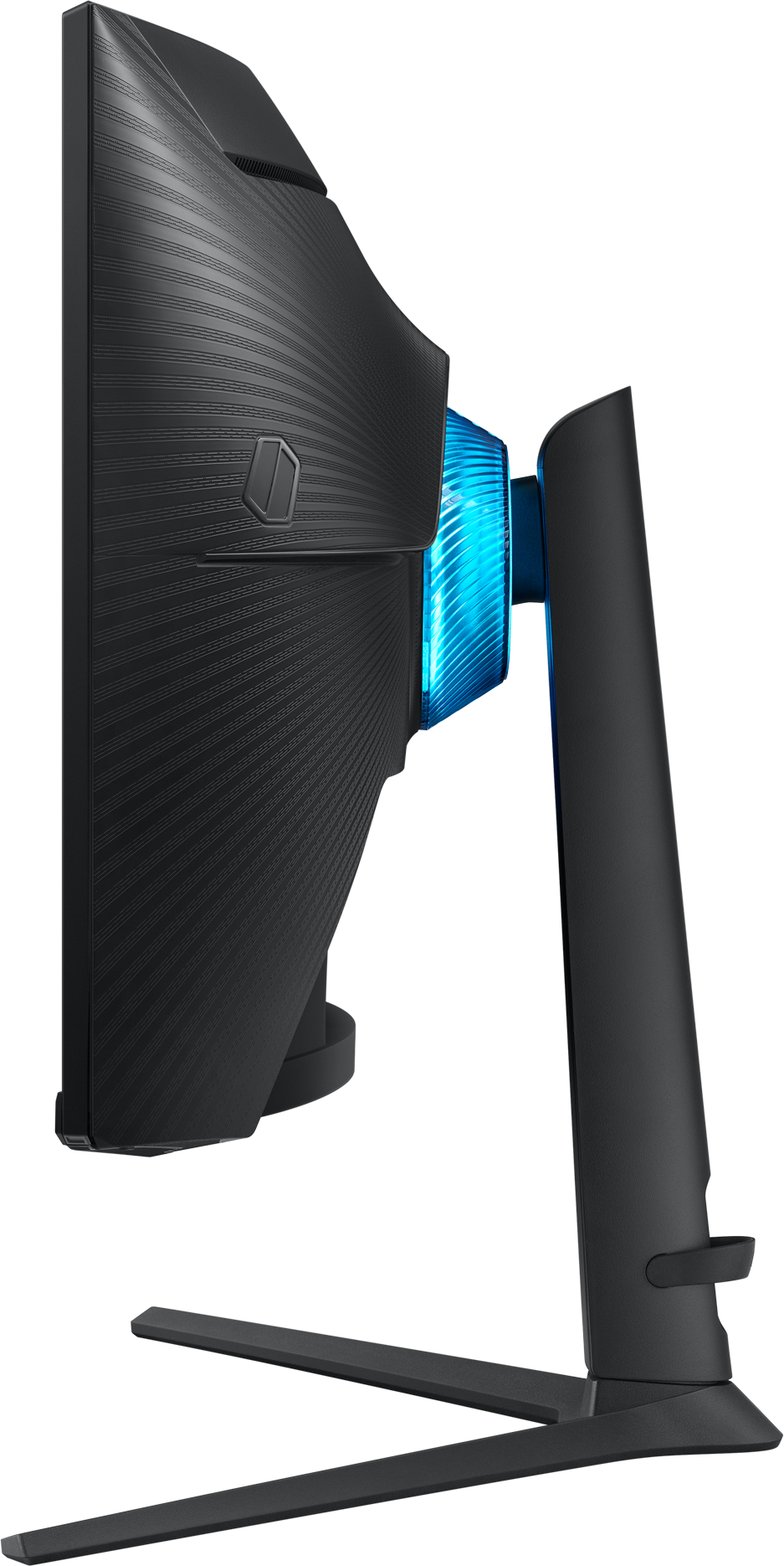 Monitor curvo nero e blu, vista laterale, con supporto.