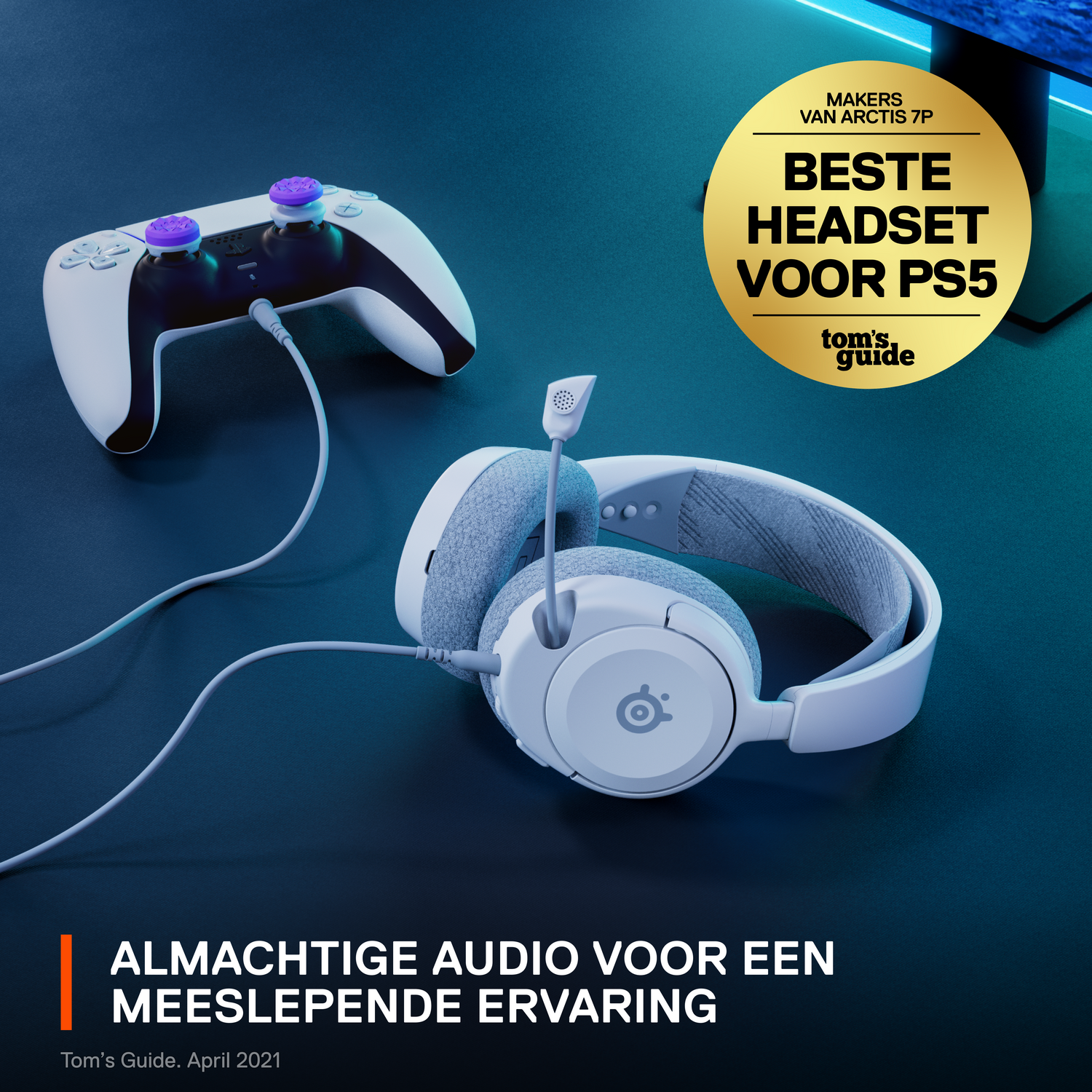 White and grey gaming headset and white controller. Gold badge: Best headset for PS5. Text: Almachtige audio.