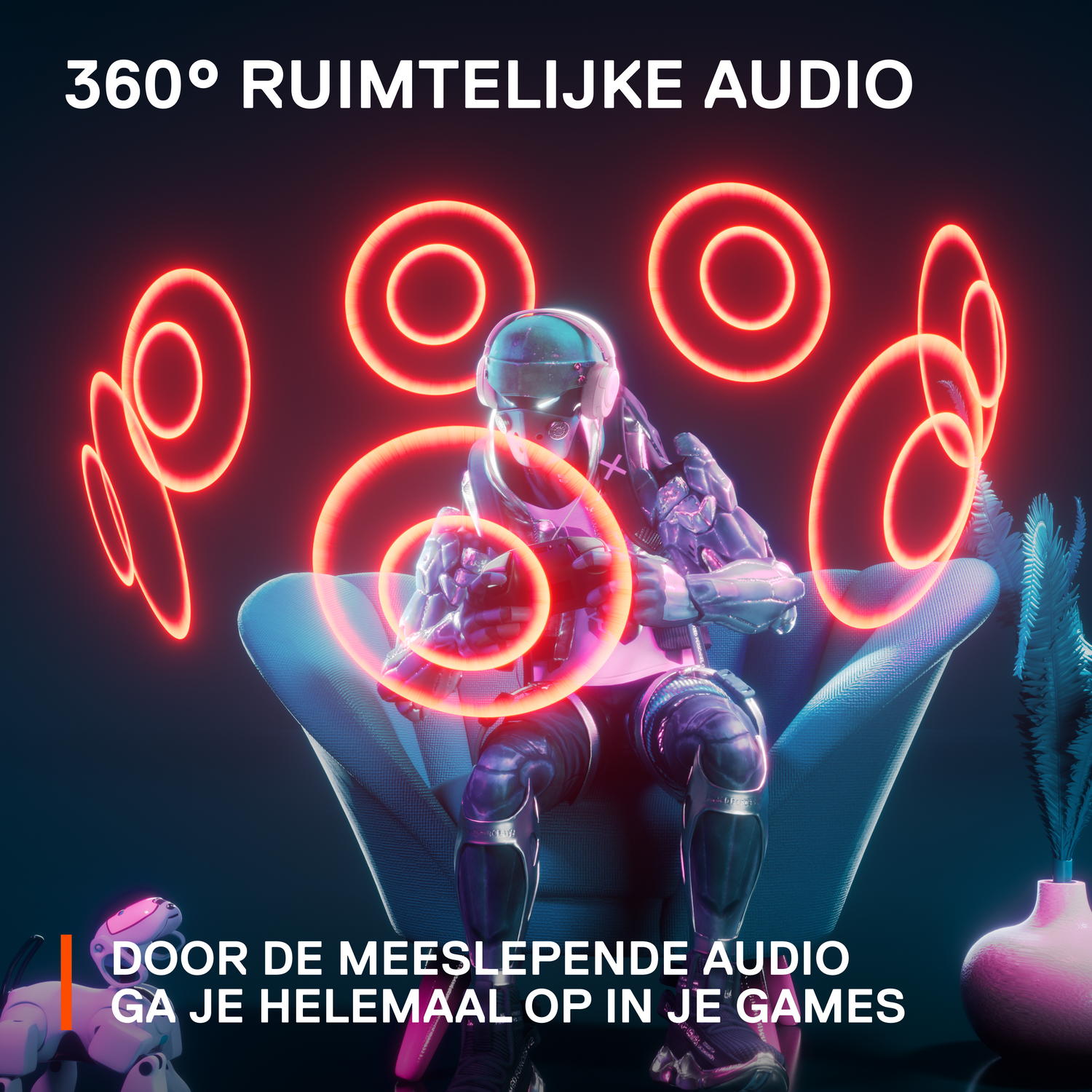 A person wearing futuristic clothing, surrounded by red sound rings.