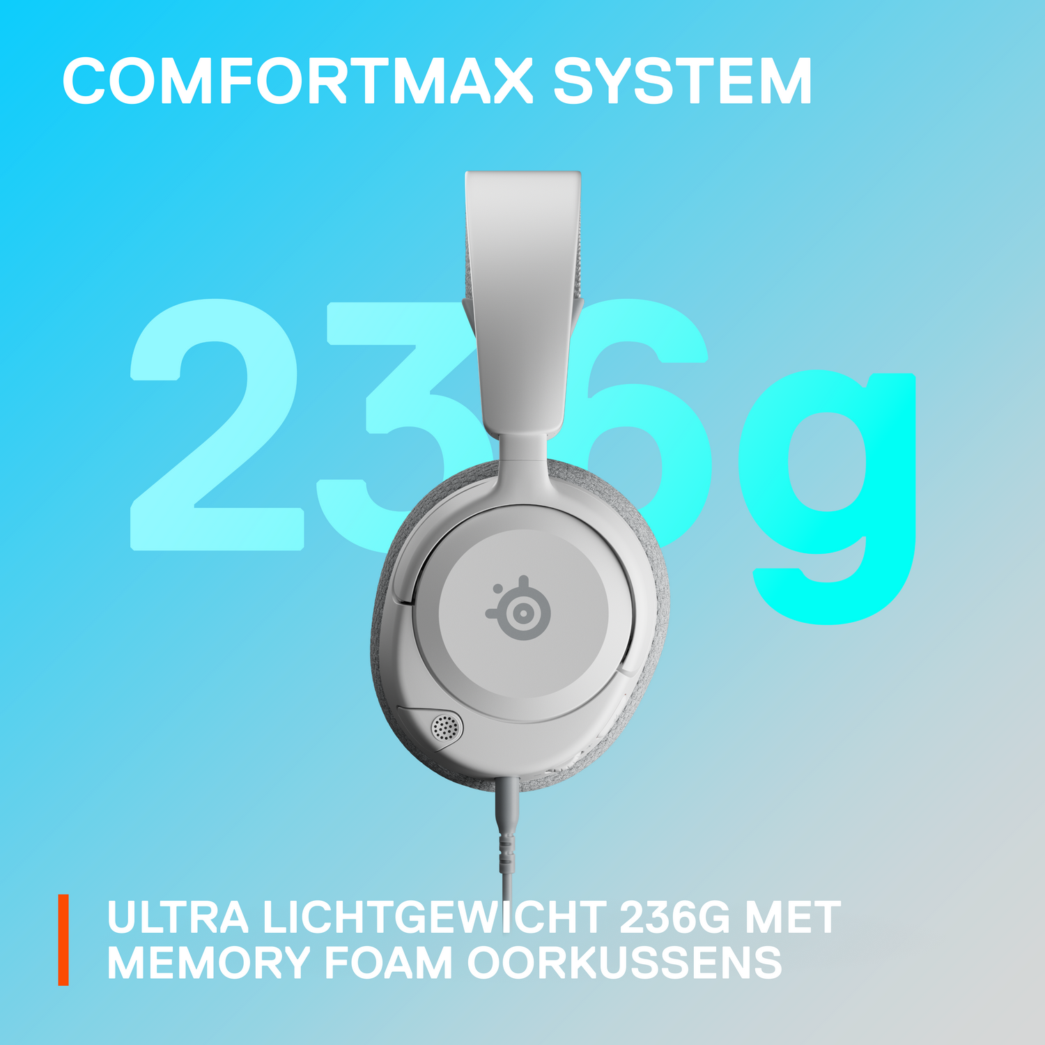 White headset with a gray ear cup. Text: 'COMFORTMAX SYSTEM'. Large '236g'.