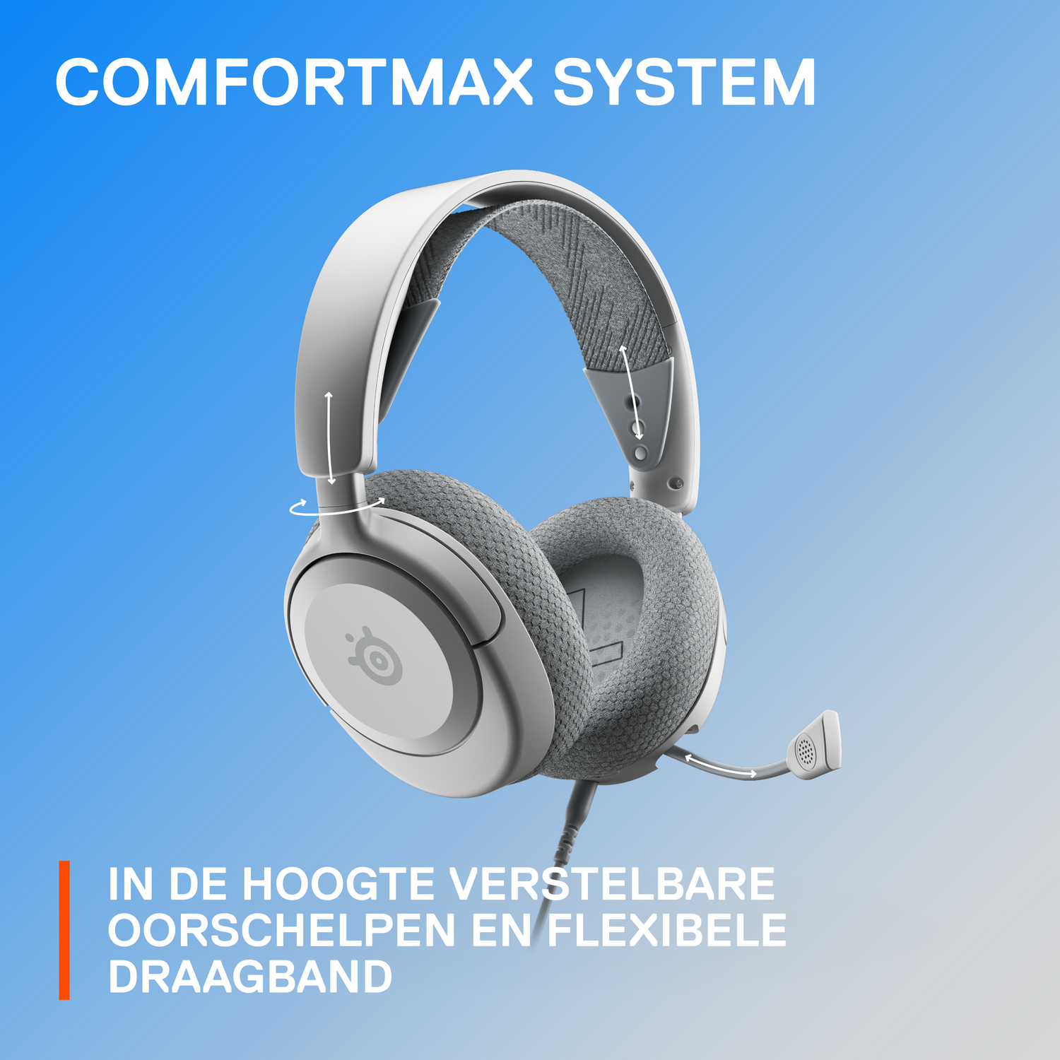 White and gray headphones with a microphone, set against a blue gradient background.