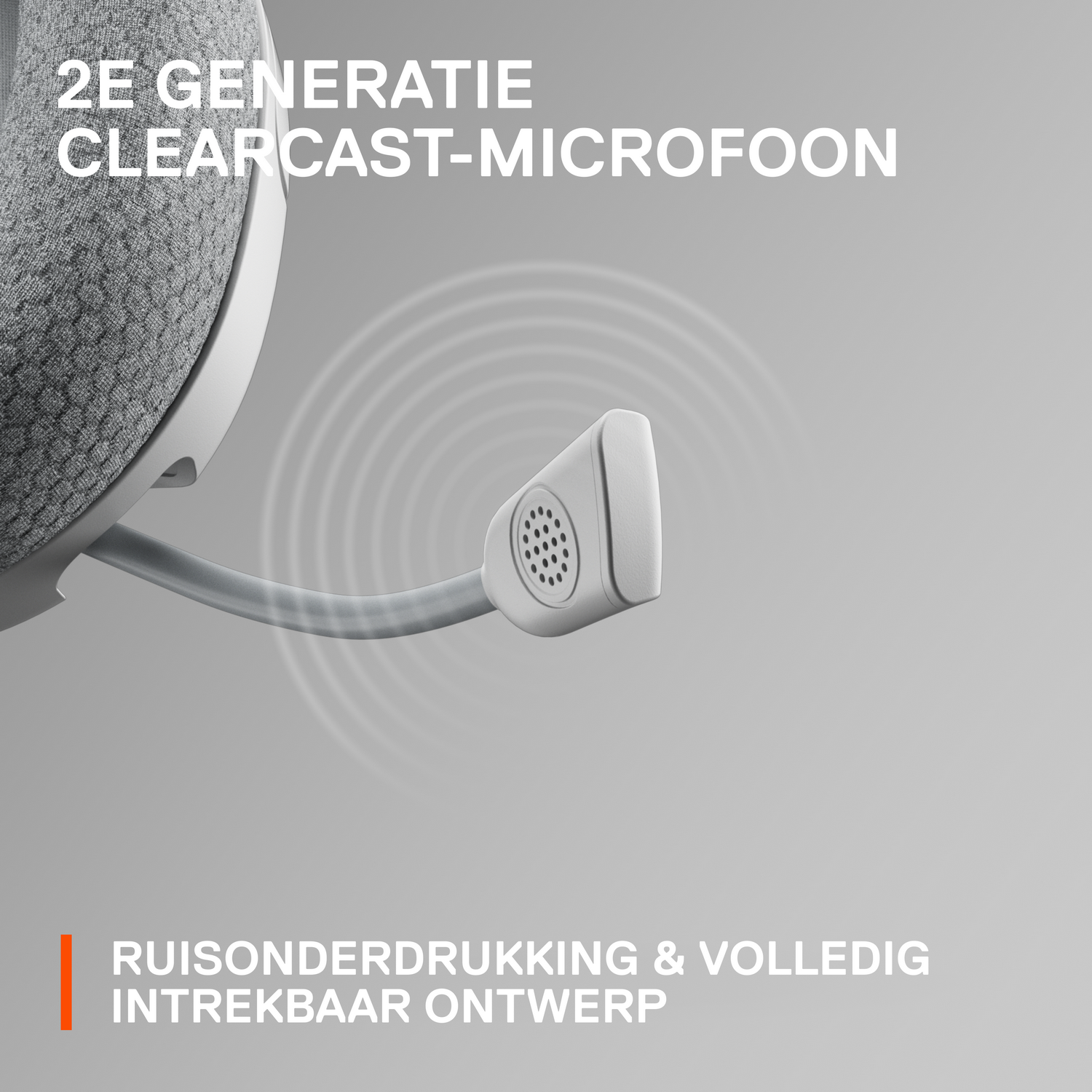 White microphone with text that says "2E GENERATIE CLEARCAST-MICROFOON" and "RUISONDERDRUKKING & VOLLEDIG INTTREKBAAR ONTWERP".