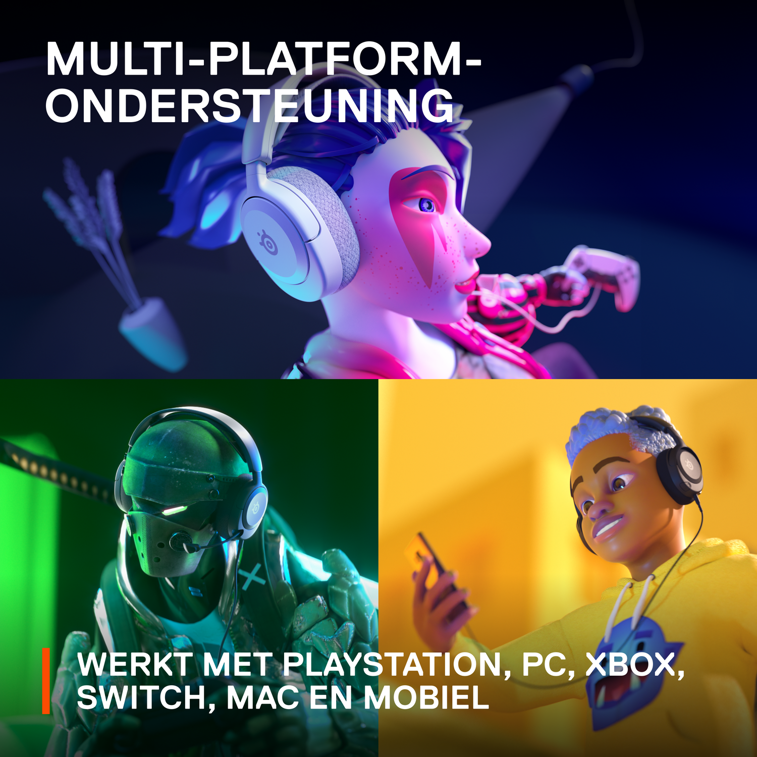 Image with text and illustrations about gaming headsets, with figures in a colorful setting.