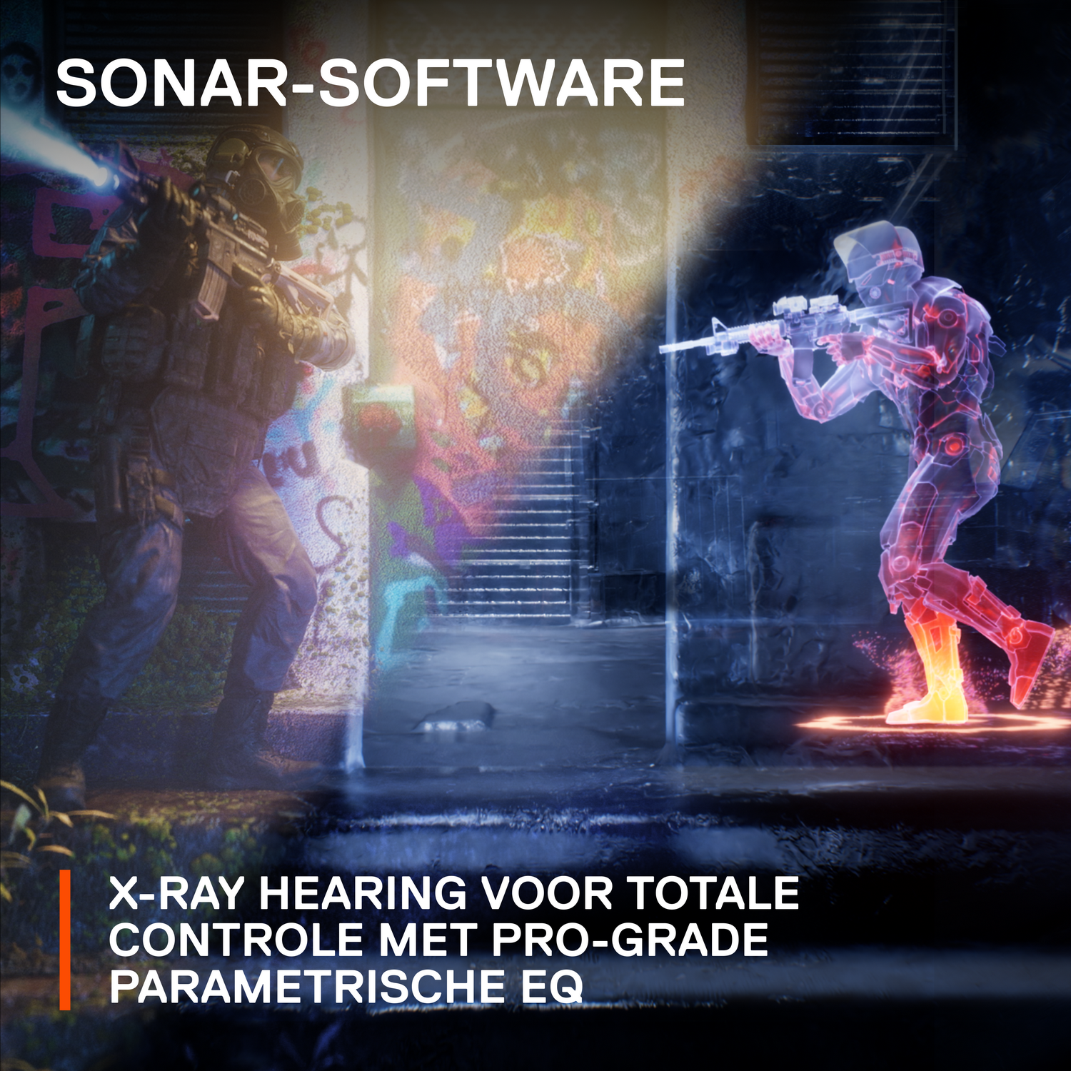 Two soldiers in combat, with text: SONAR-SOFTWARE, X-RAY HEARING. 