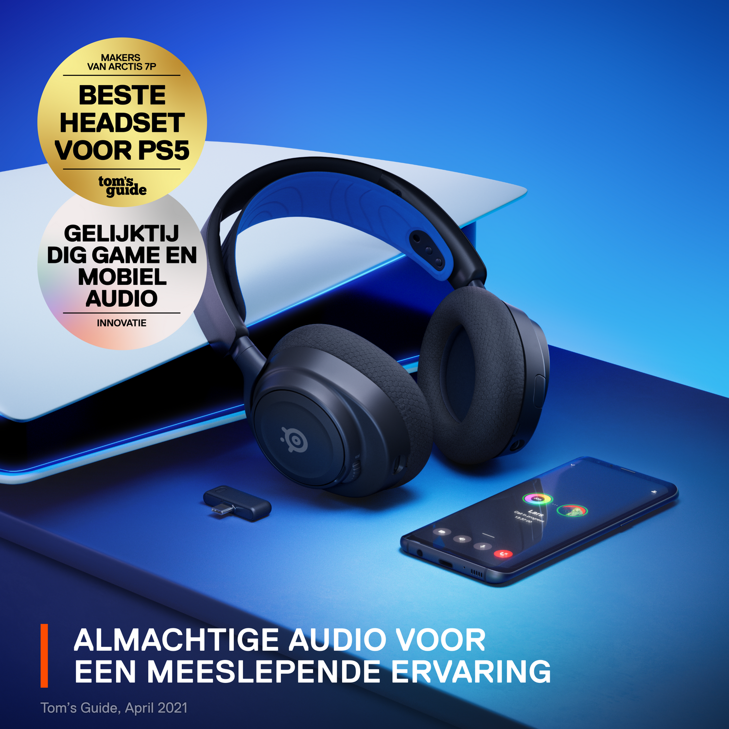 Een gaming headset, een smartphone en een gameconsole op een blauw oppervlak, met tekst over audiokwaliteit.