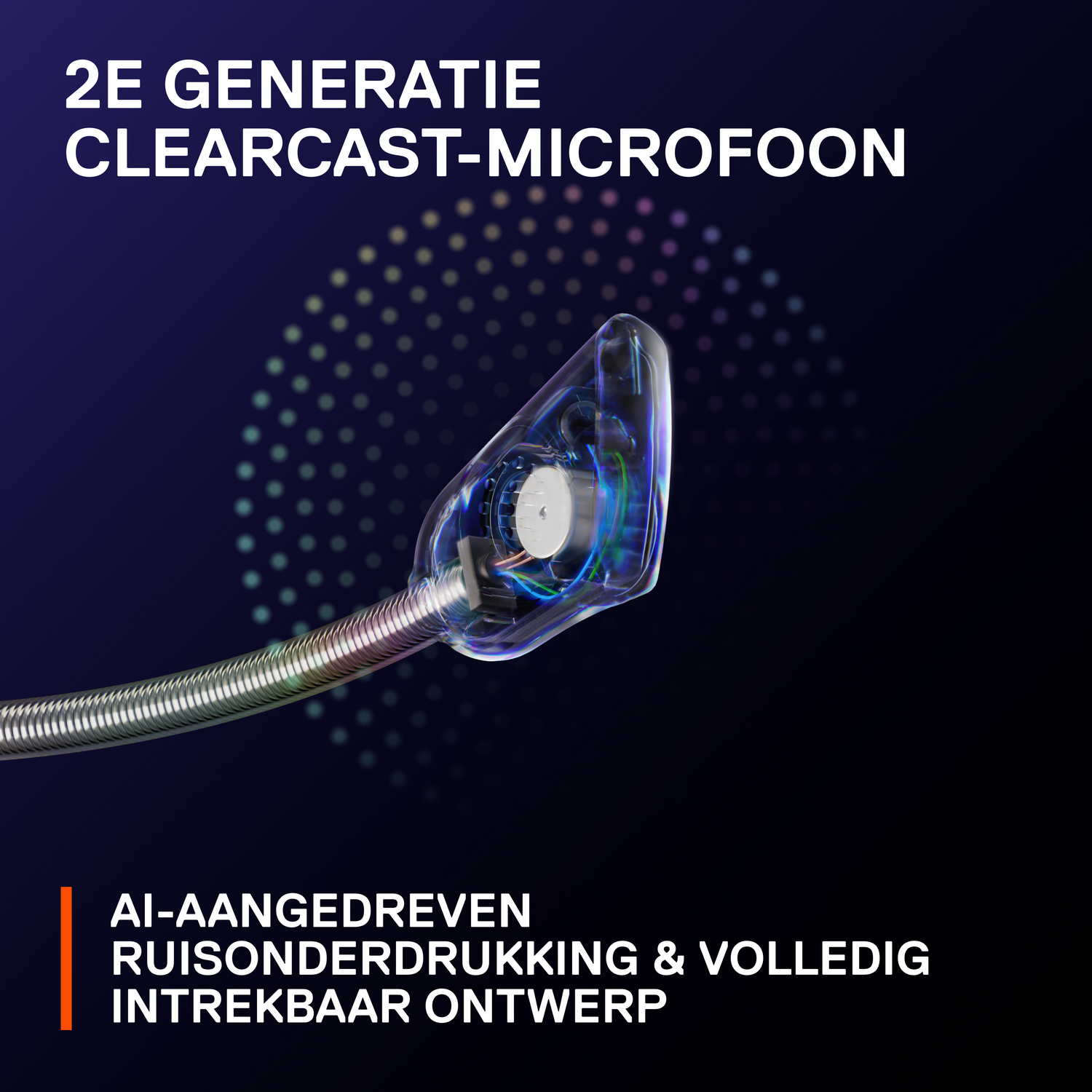 Headsetmicrofoon met een helder ontwerp. Tekst zegt '2E GENERATIE CLEARCAST-MICROFOON', en AI-aangedreven.