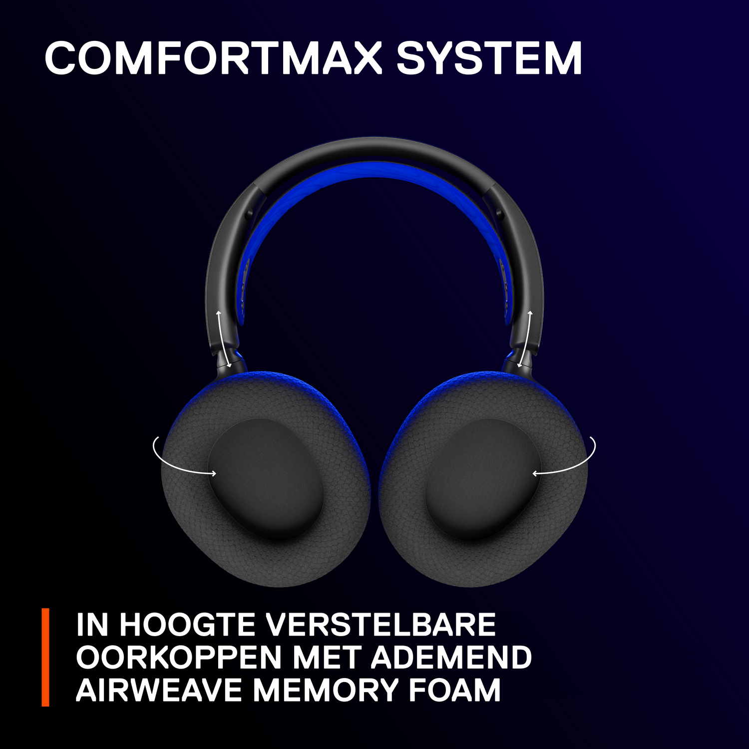 Zwarte koptelefoon met blauwe accenten. Tekst: COMFORTMAX SYSTEM en tekst over traagschuim.