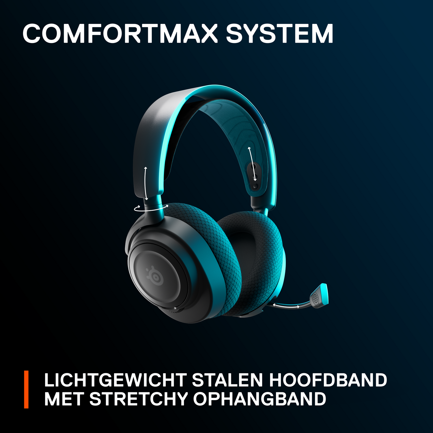 Zwarte koptelefoon met ComfortMax-systeem en een flexibele hoofdband.