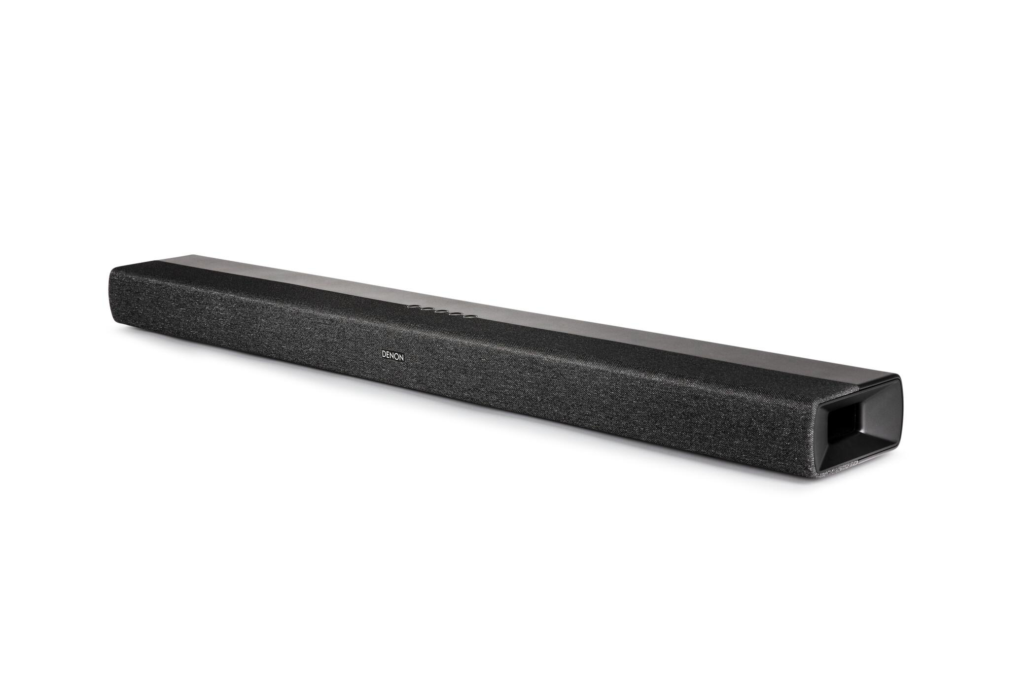 Eine schwarze Soundbar auf weißem Hintergrund.