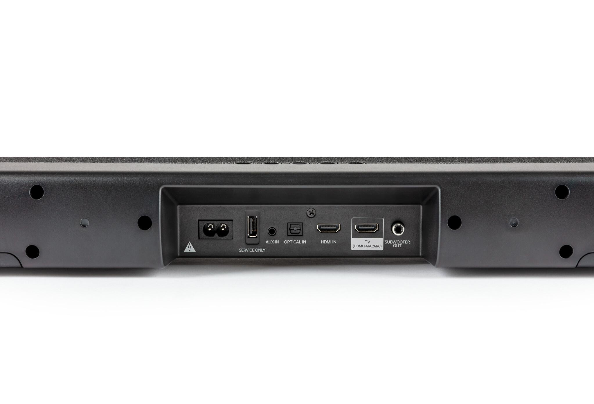 Rückseite einer schwarzen Soundbar mit Anschlüssen und Verbindungen.