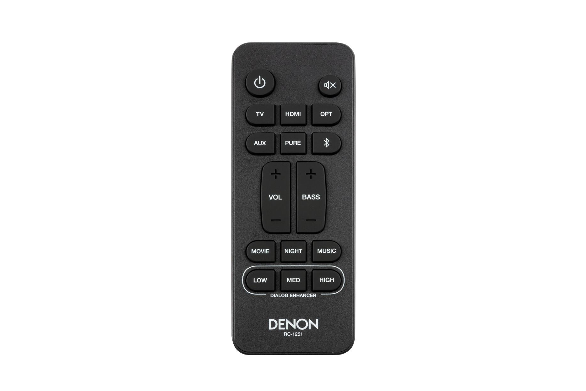 Schwarze Denon-Fernbedienung mit verschiedenen Tasten für TV, Lautstärke und Toneinstellungen.