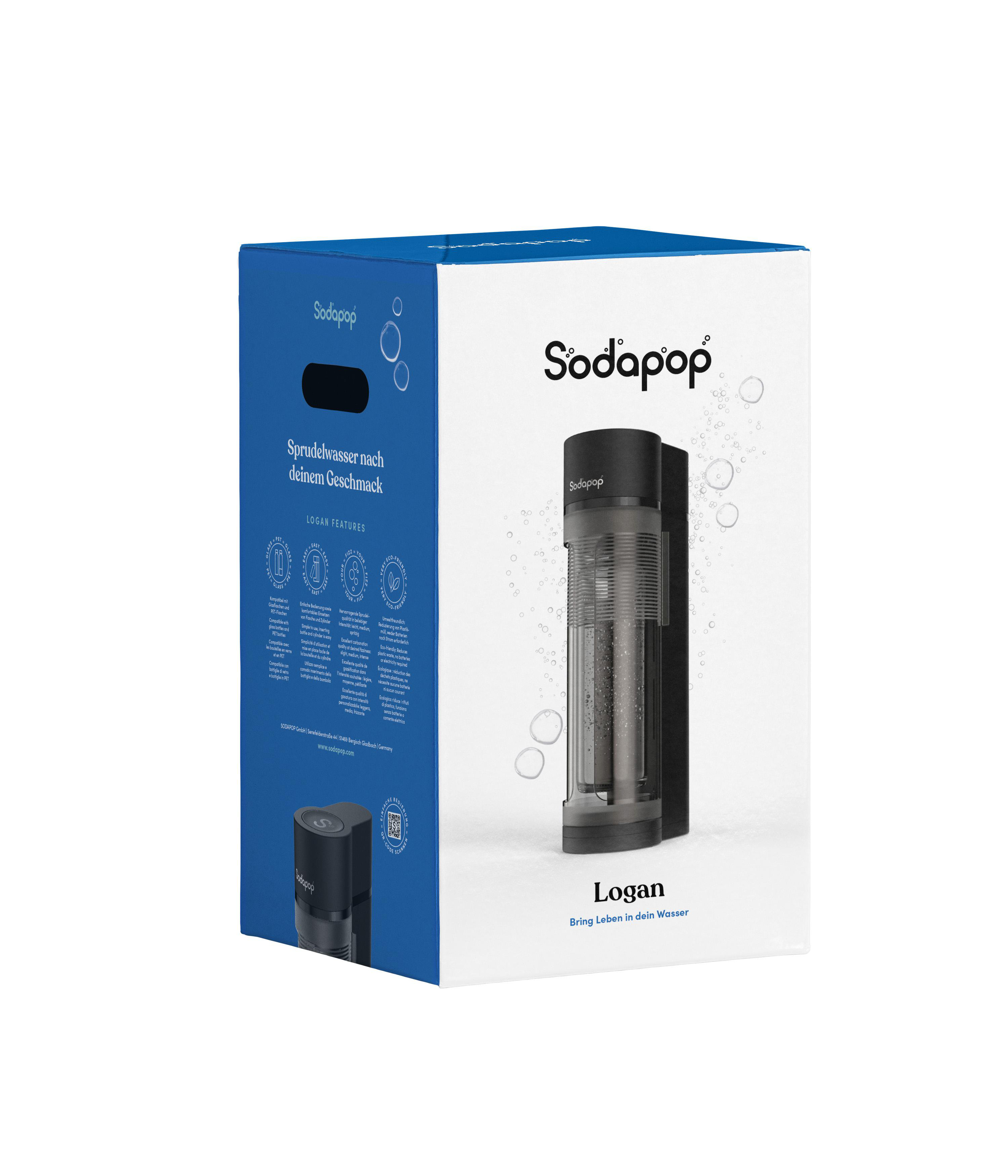 Sodapop Wassersprudler-Box. Auf der weißen Tafel ist ein schwarzer und klarer Wassersprudler abgebildet.