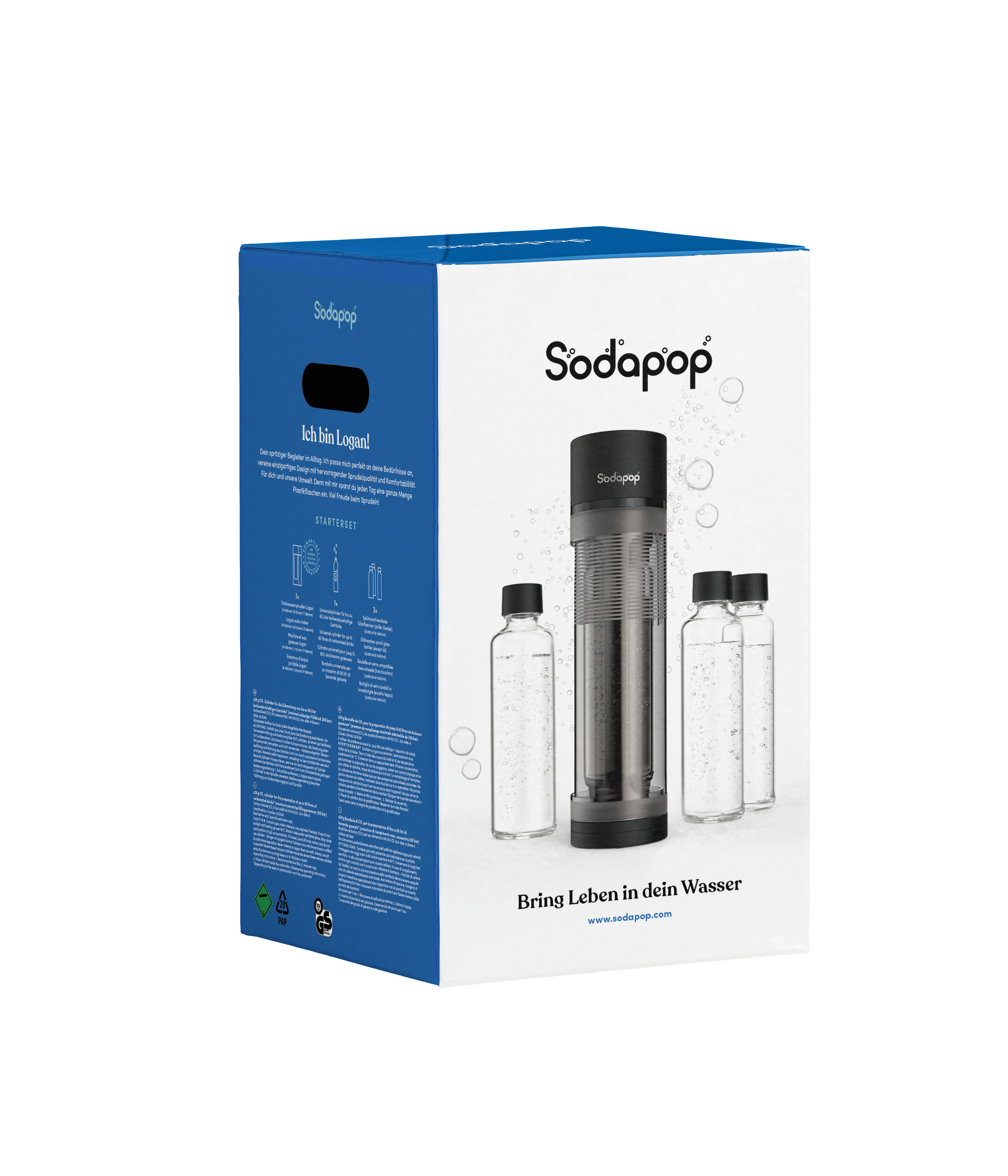 Eine Sodapop-Box mit Flaschen und dem Sodamaker.