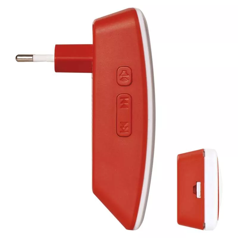 Piros fali dugasz adapter két gombbal, kiegészítő kisméretű adapterrel.
