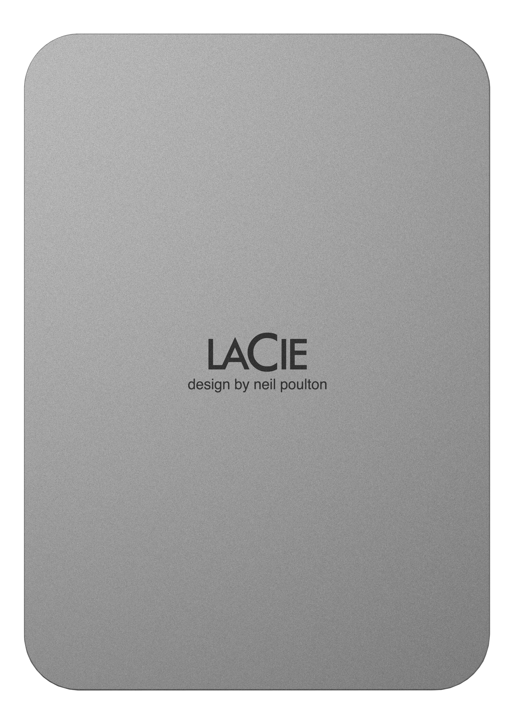 Eine graue externe Festplatte von LaCie mit dem LaCie-Logo.