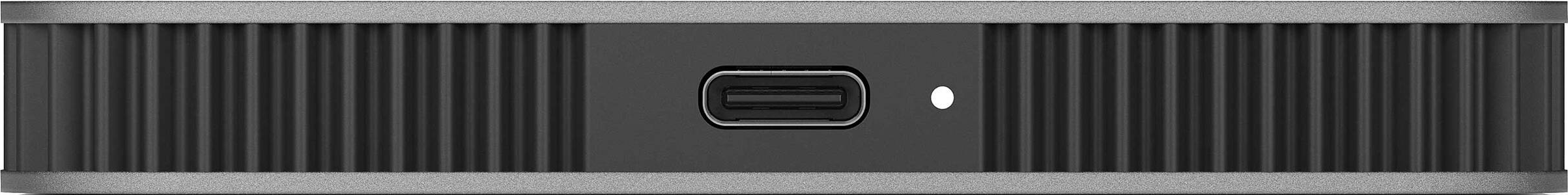 Ein silbernes und schwarzes Gerät mit einem USB-C-Anschluss und einem weißen Punkt.
