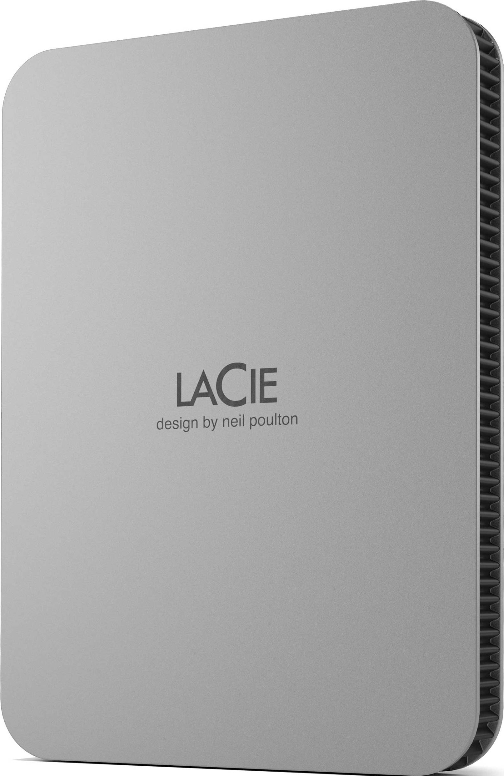 Eine silberne externe Festplatte von LaCie mit Markennamen und Design von Neil Poulton.