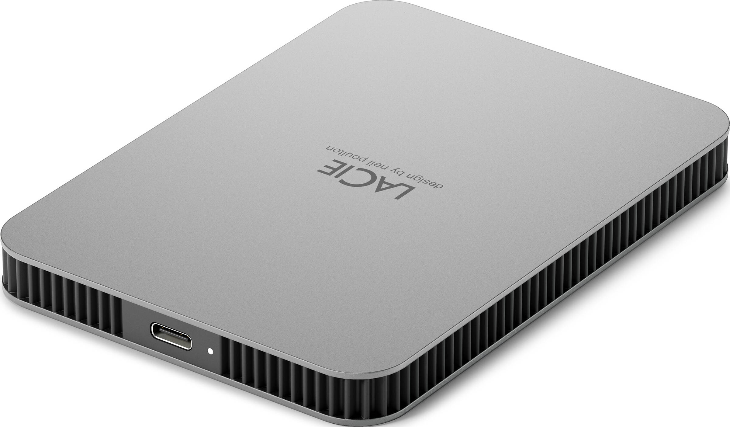 Kleine silberne Festplatte mit Text oben und USB-C-Anschluss.