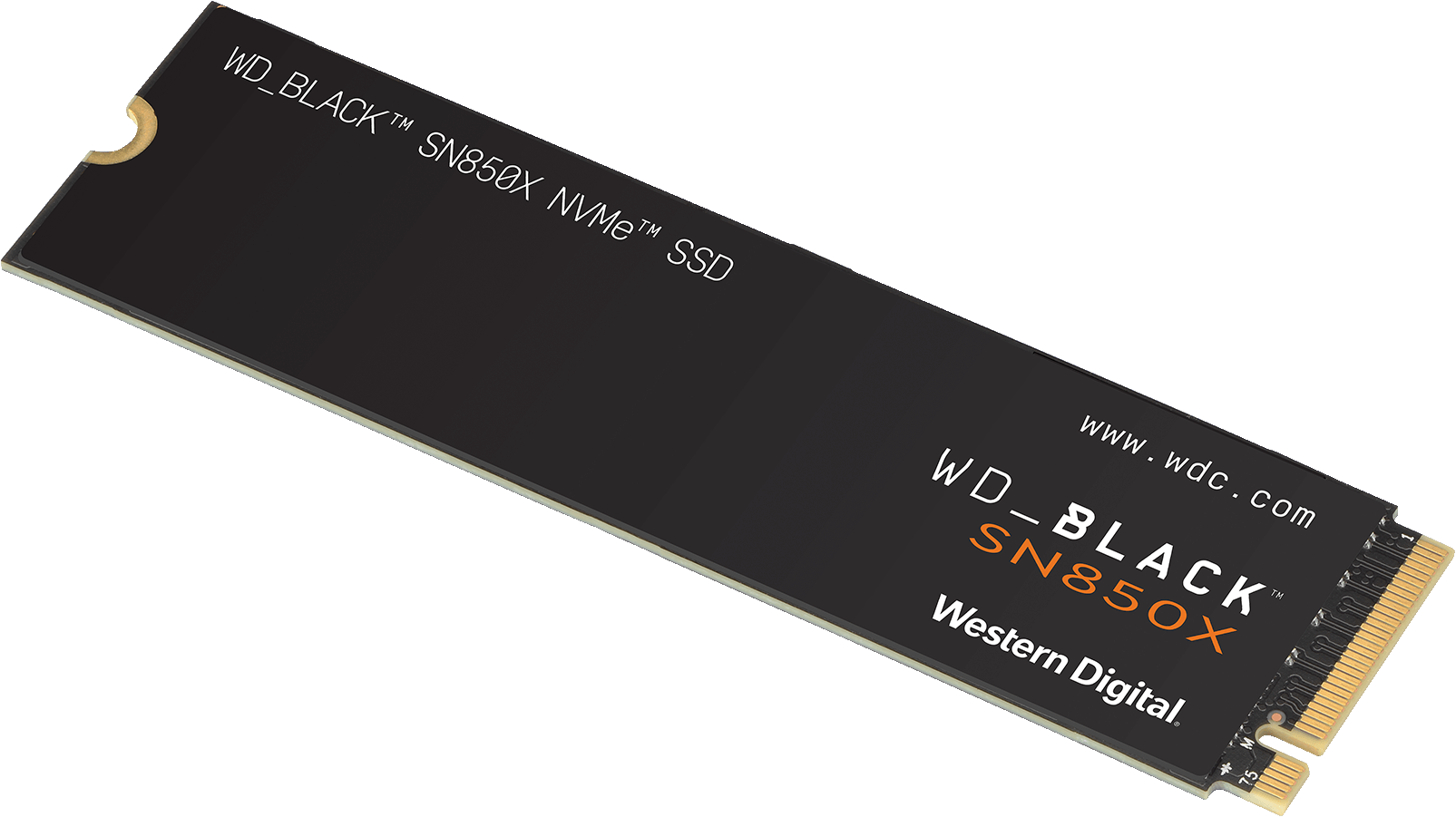 Schwarze SSD mit WD_BLACK SN850X-Text. Goldene Anschlüsse auf der rechten Seite.