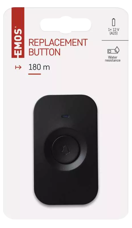 Fekete vezeték nélküli csengő gomb csomagolásban. A csomag harang ikont és akkumulátor adatokat mutat.