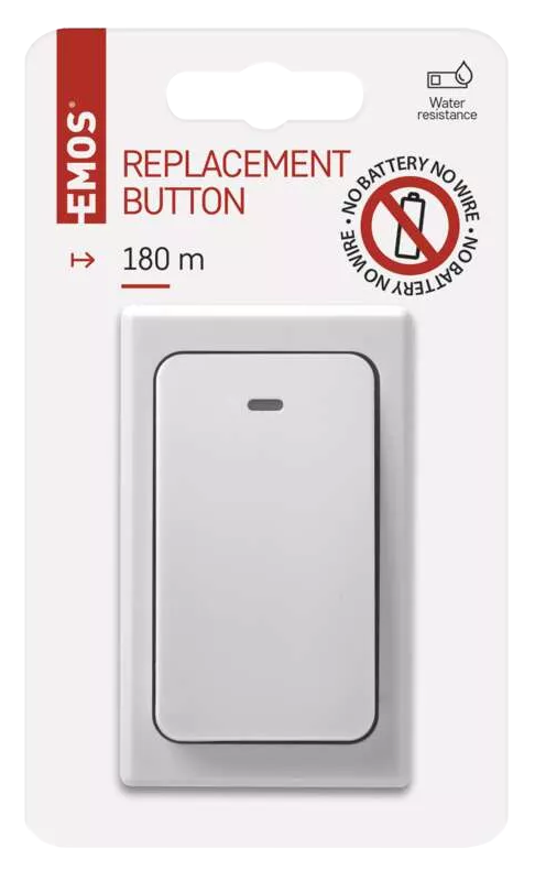 Fehér EMOS csere gomb csomagolás. Gomb grafikát, szöveget és elem nélküli szimbólumot tartalmaz.