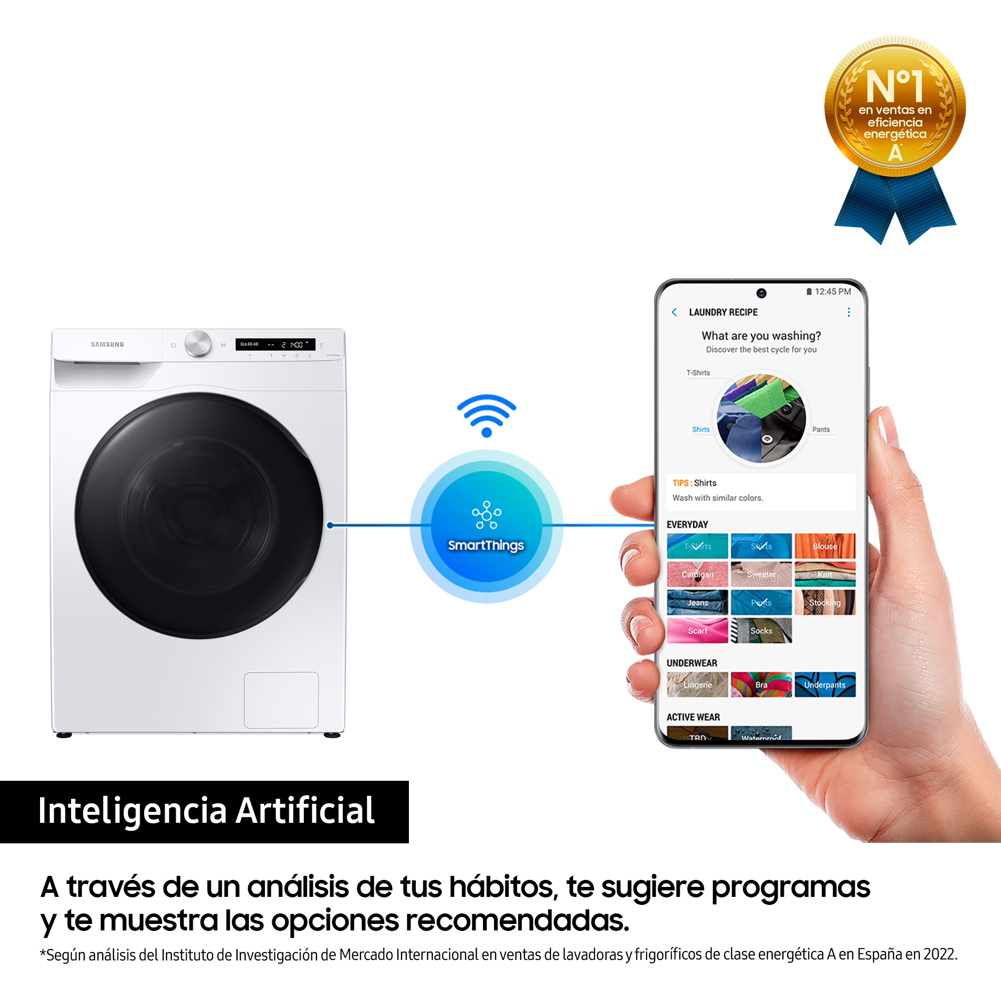 Lavadora blanca con smartphone mostrando opciones de lavado en pantalla.